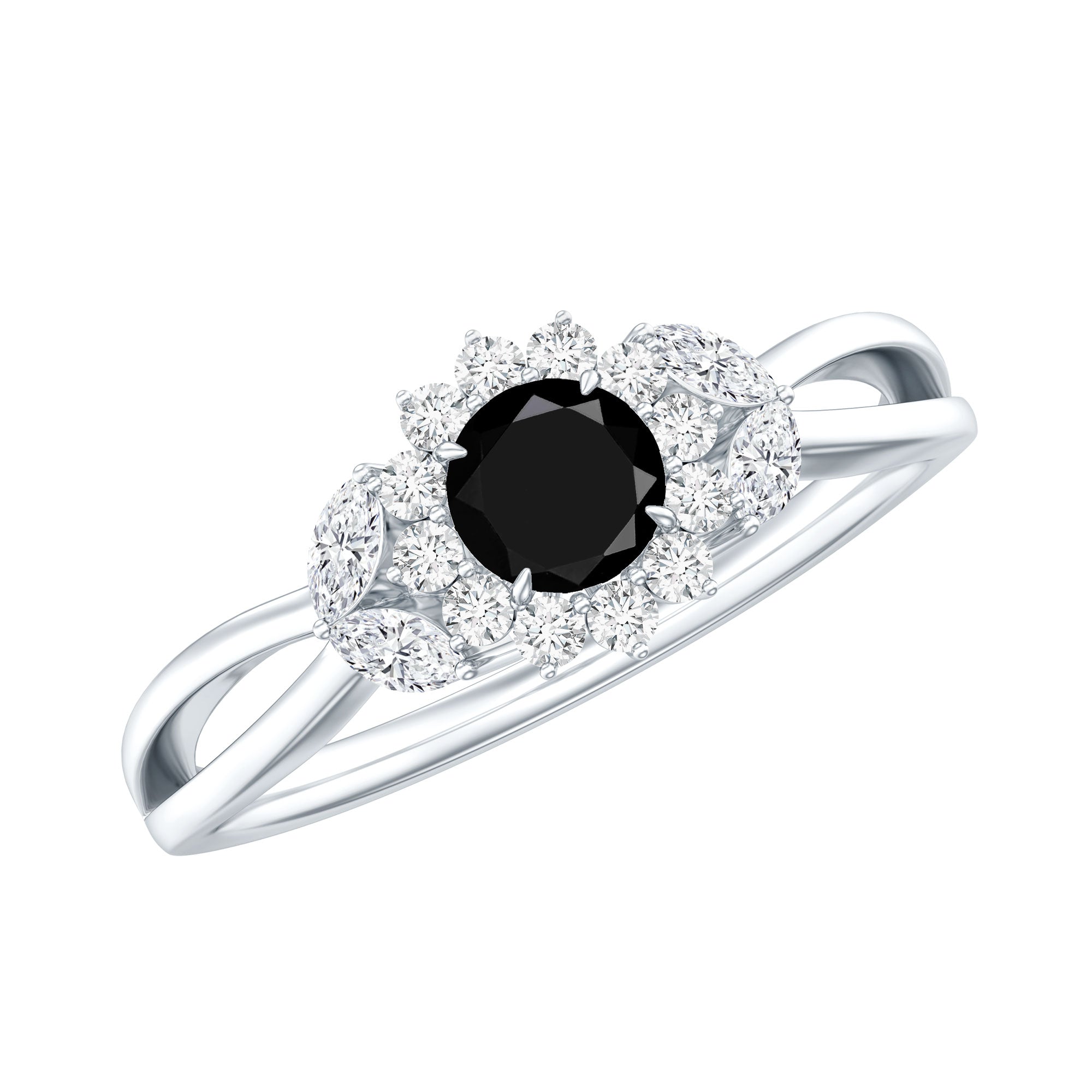 Natural Black Onyx and Diamond Floral Engagement Ring AAA - Rosec Jewels