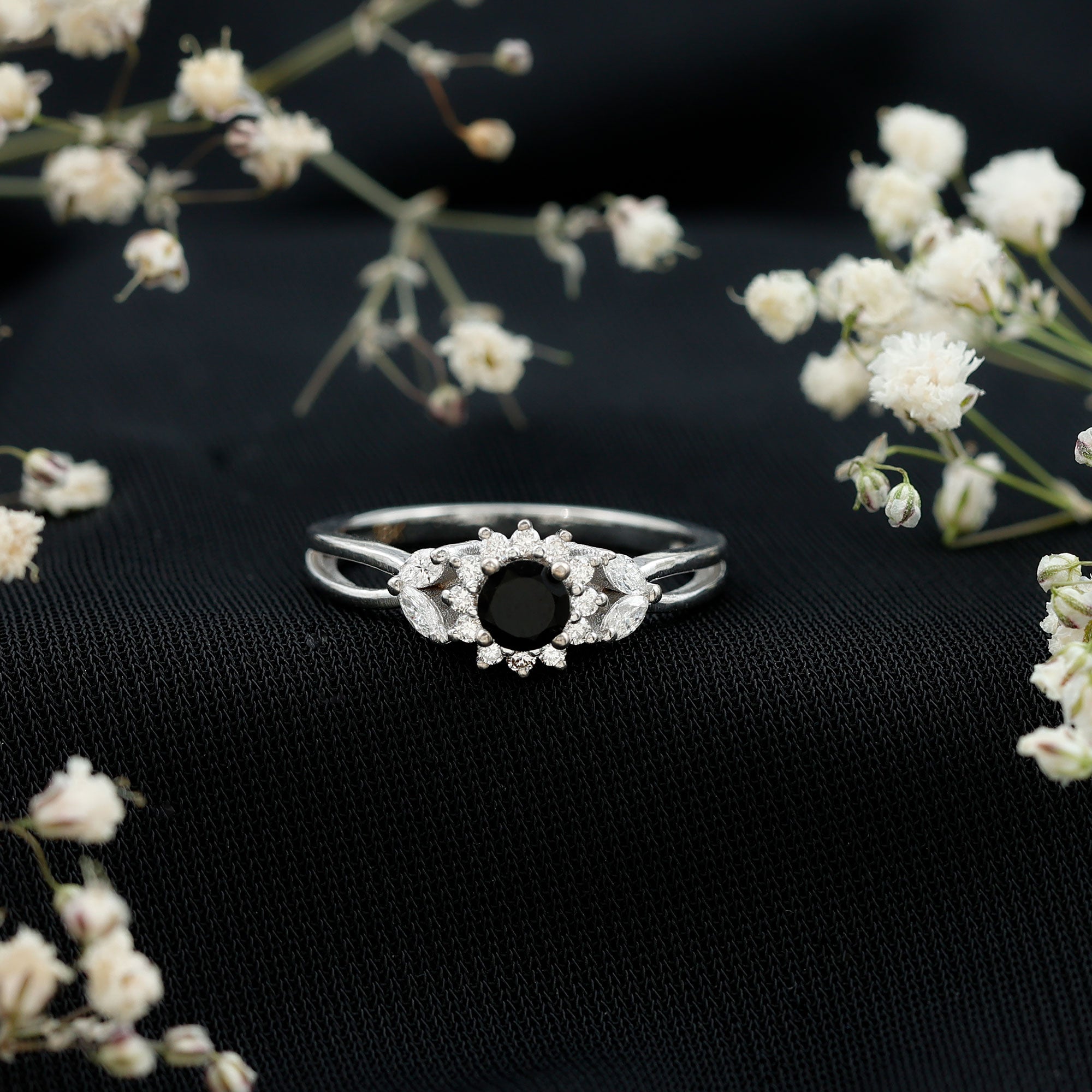 Natural Black Onyx and Diamond Floral Engagement Ring AAA - Rosec Jewels