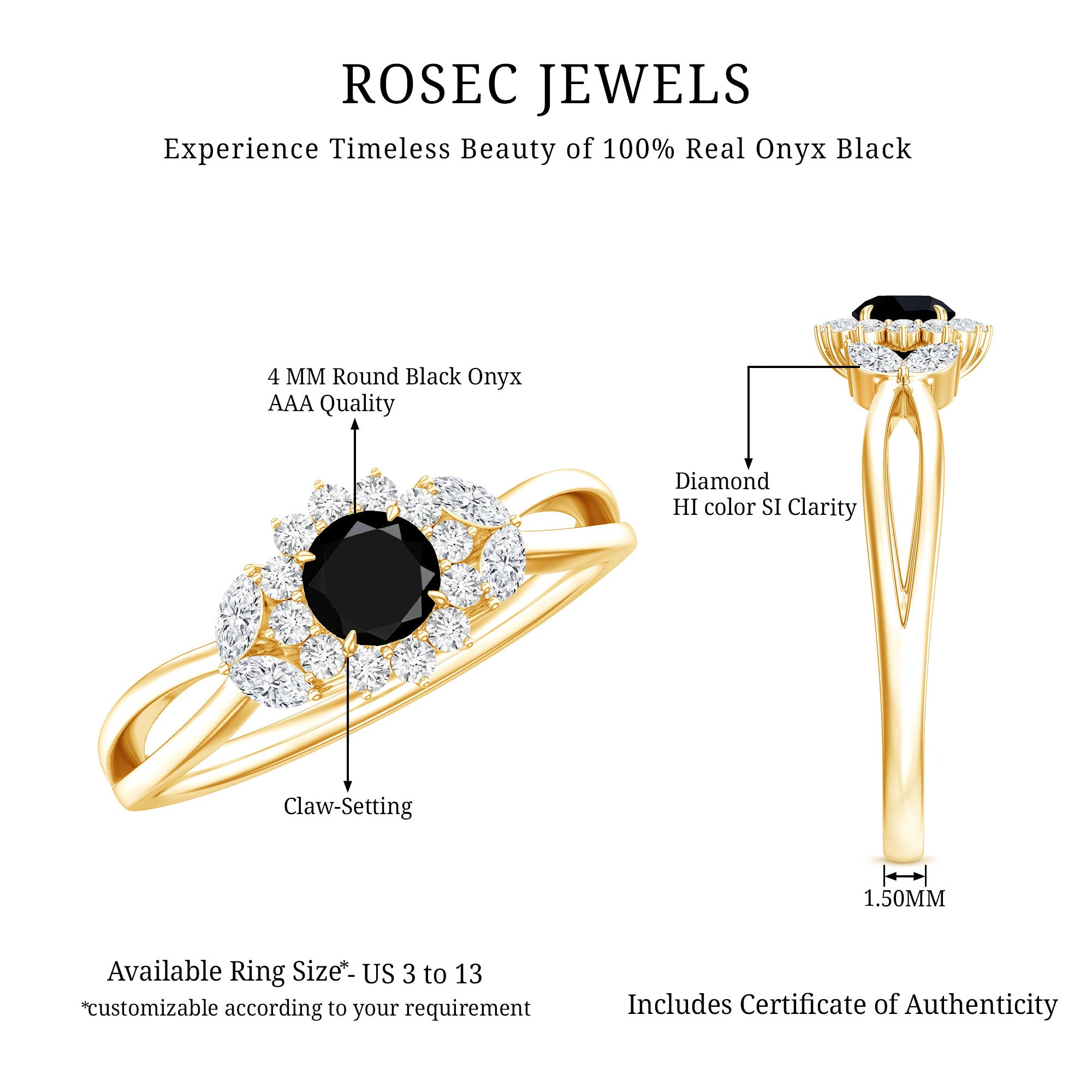 Natural Black Onyx and Diamond Floral Engagement Ring AAA - Rosec Jewels