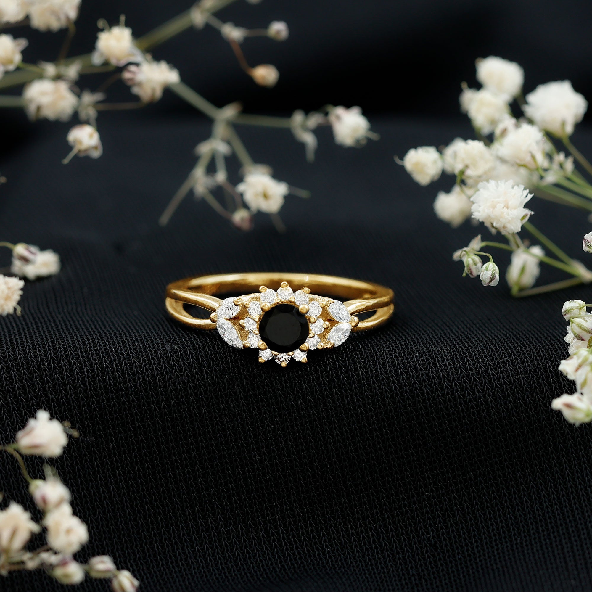 Natural Black Onyx and Diamond Floral Engagement Ring AAA - Rosec Jewels