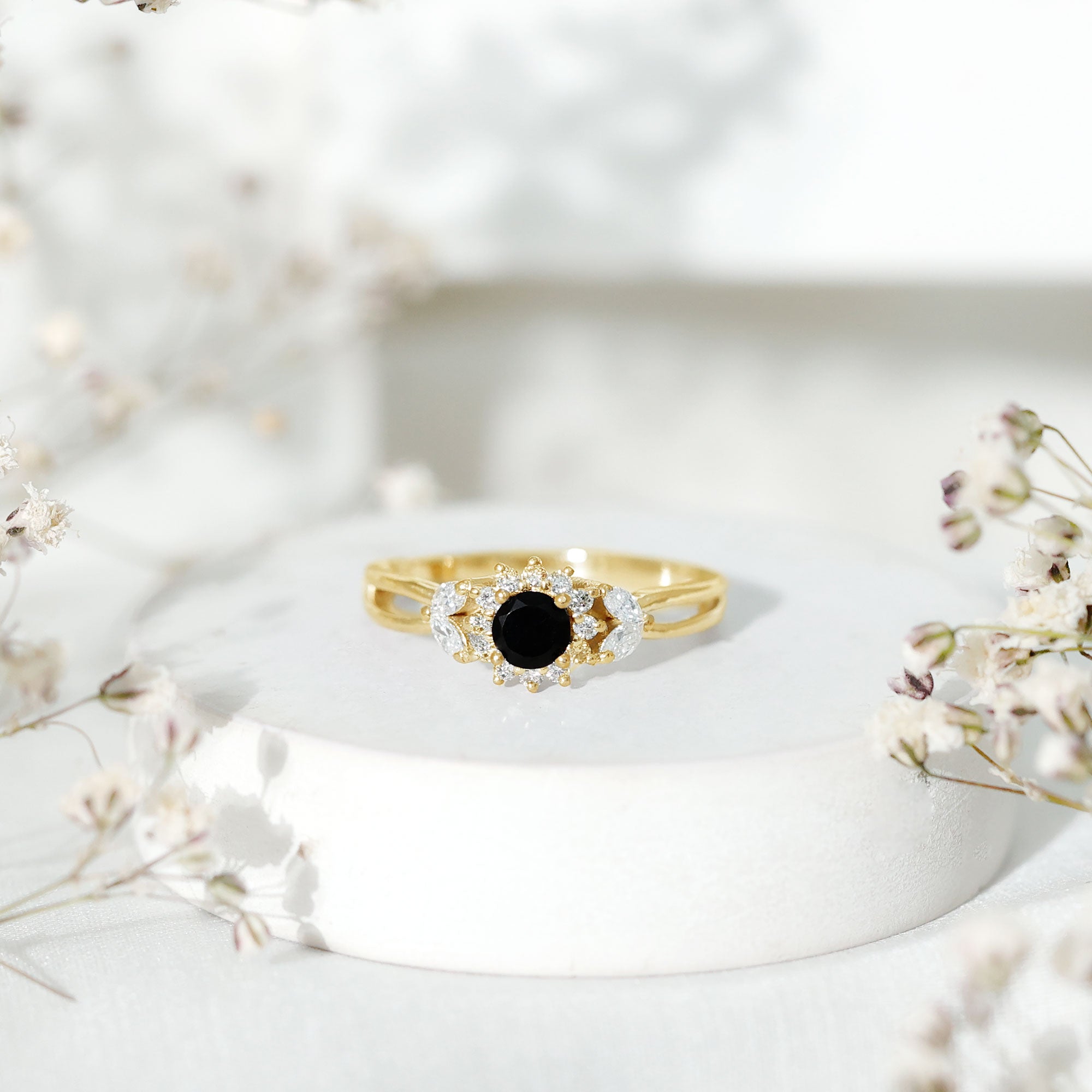 Natural Black Onyx and Diamond Floral Engagement Ring AAA - Rosec Jewels