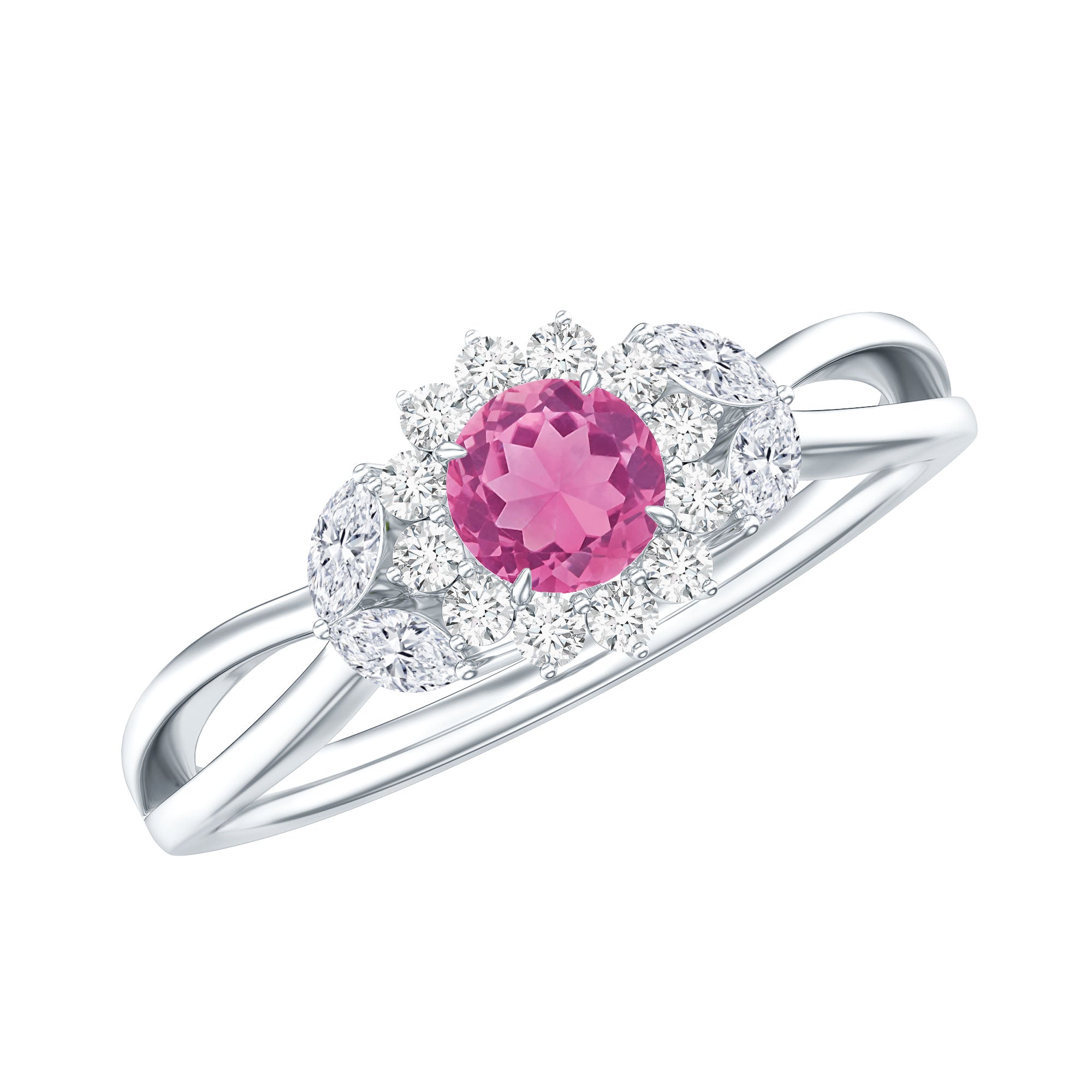 Pink Tourmaline and Diamond Flower Engagement Ring with Split Shank AAA - Rosec Jewels