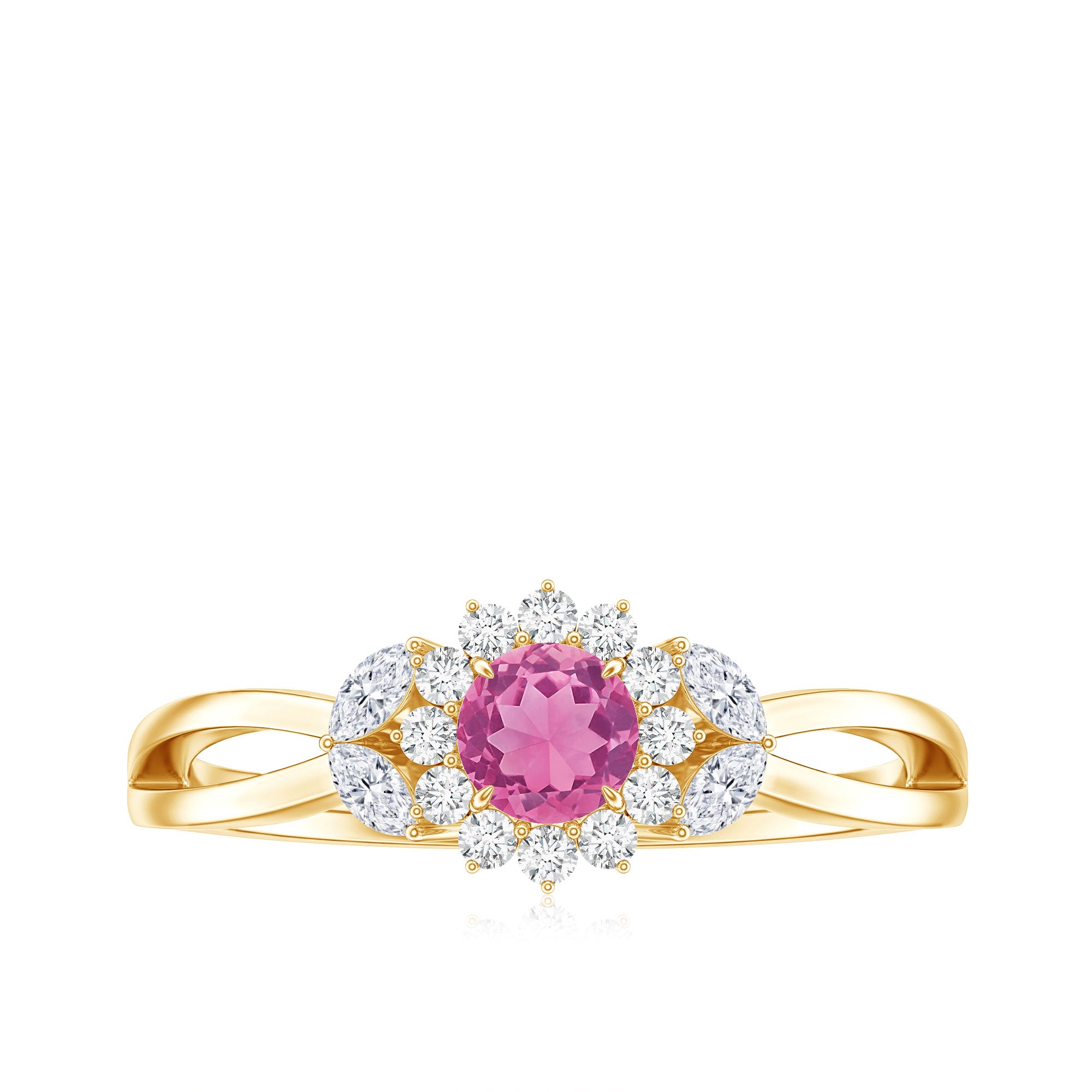 Pink Tourmaline and Diamond Flower Engagement Ring with Split Shank AAA - Rosec Jewels