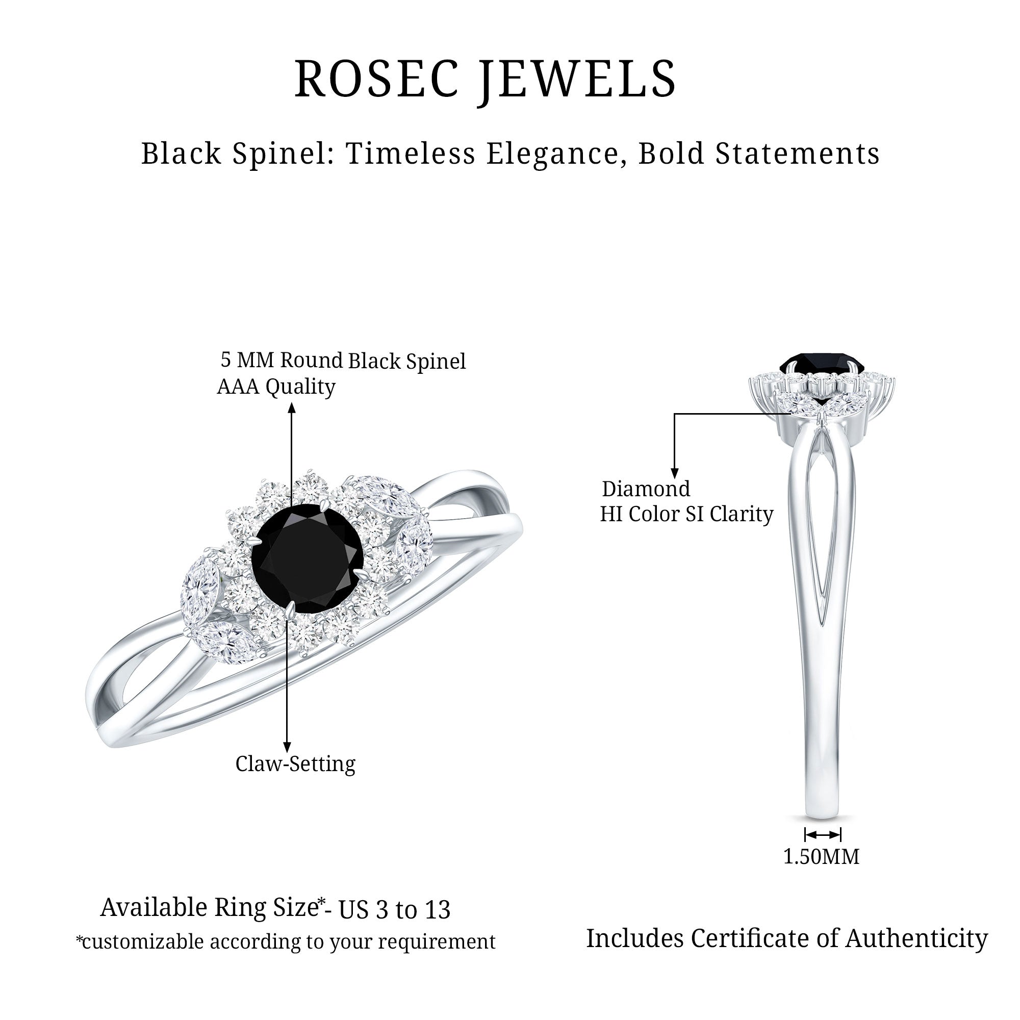 Nature Inspired Black Spinel Flower Engagement Ring with Diamond AAA - Rosec Jewels