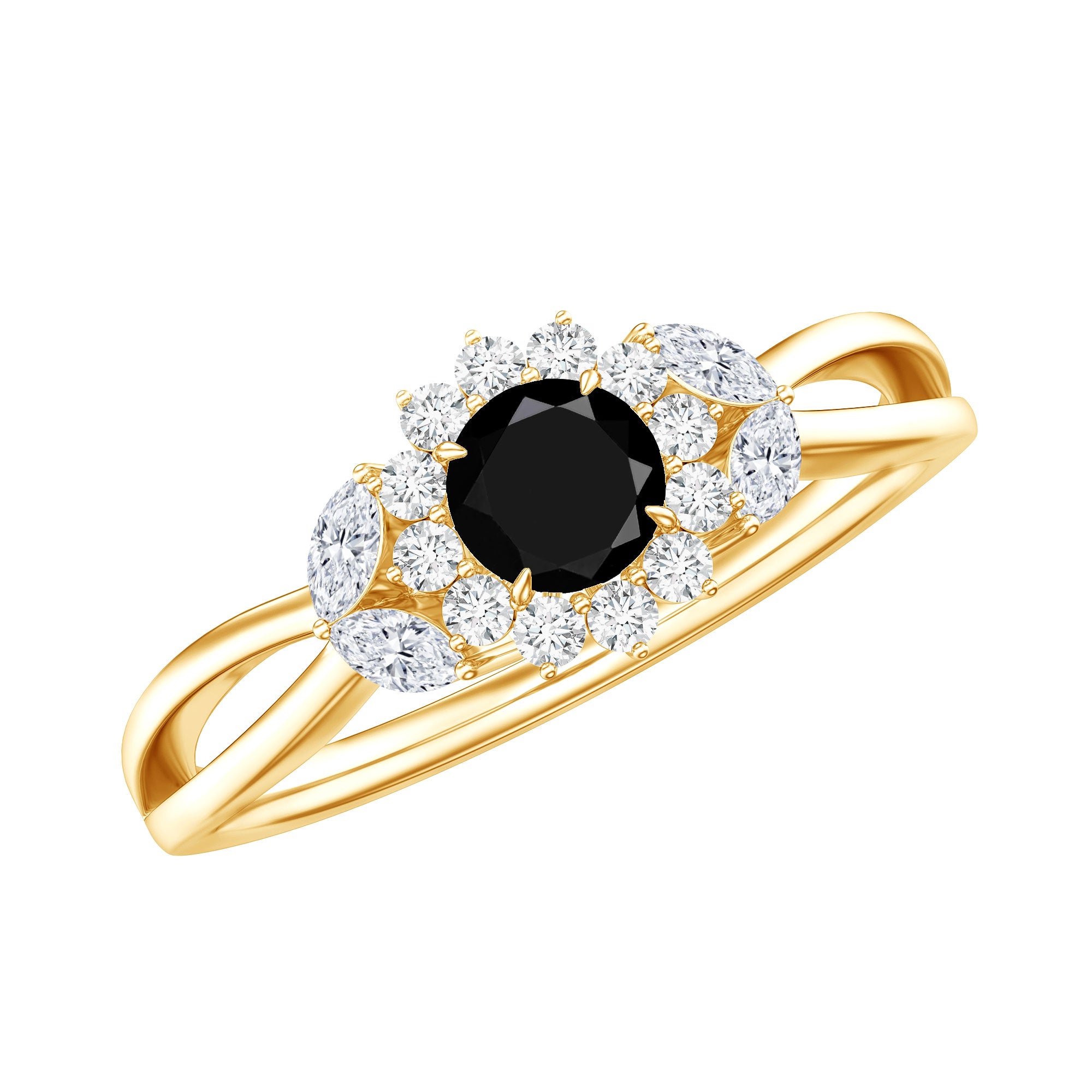Nature Inspired Black Spinel Flower Engagement Ring with Diamond AAA - Rosec Jewels