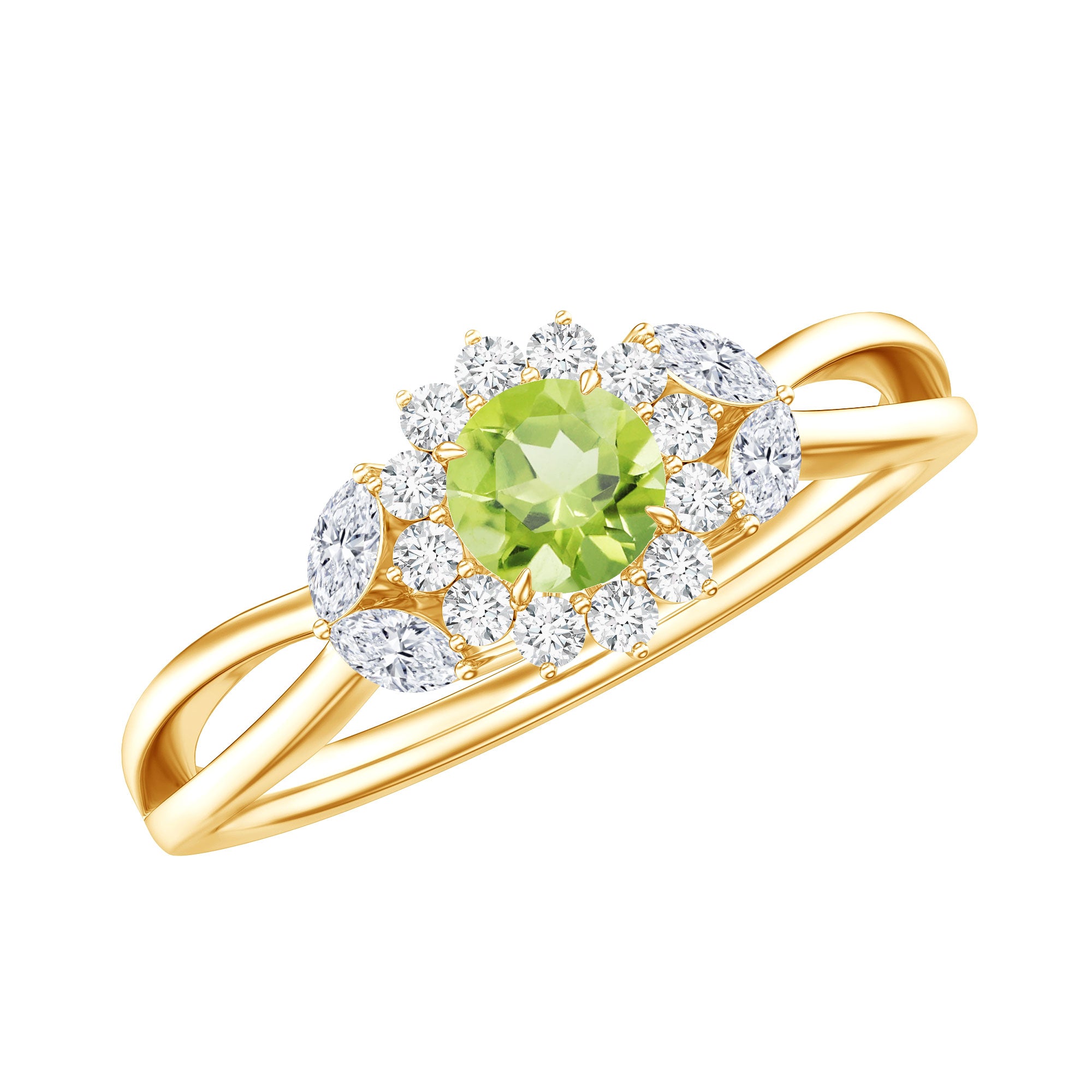 Natural 0.5 Carat Peridot Flower Engagement Ring with Diamond AAA - Rosec Jewels