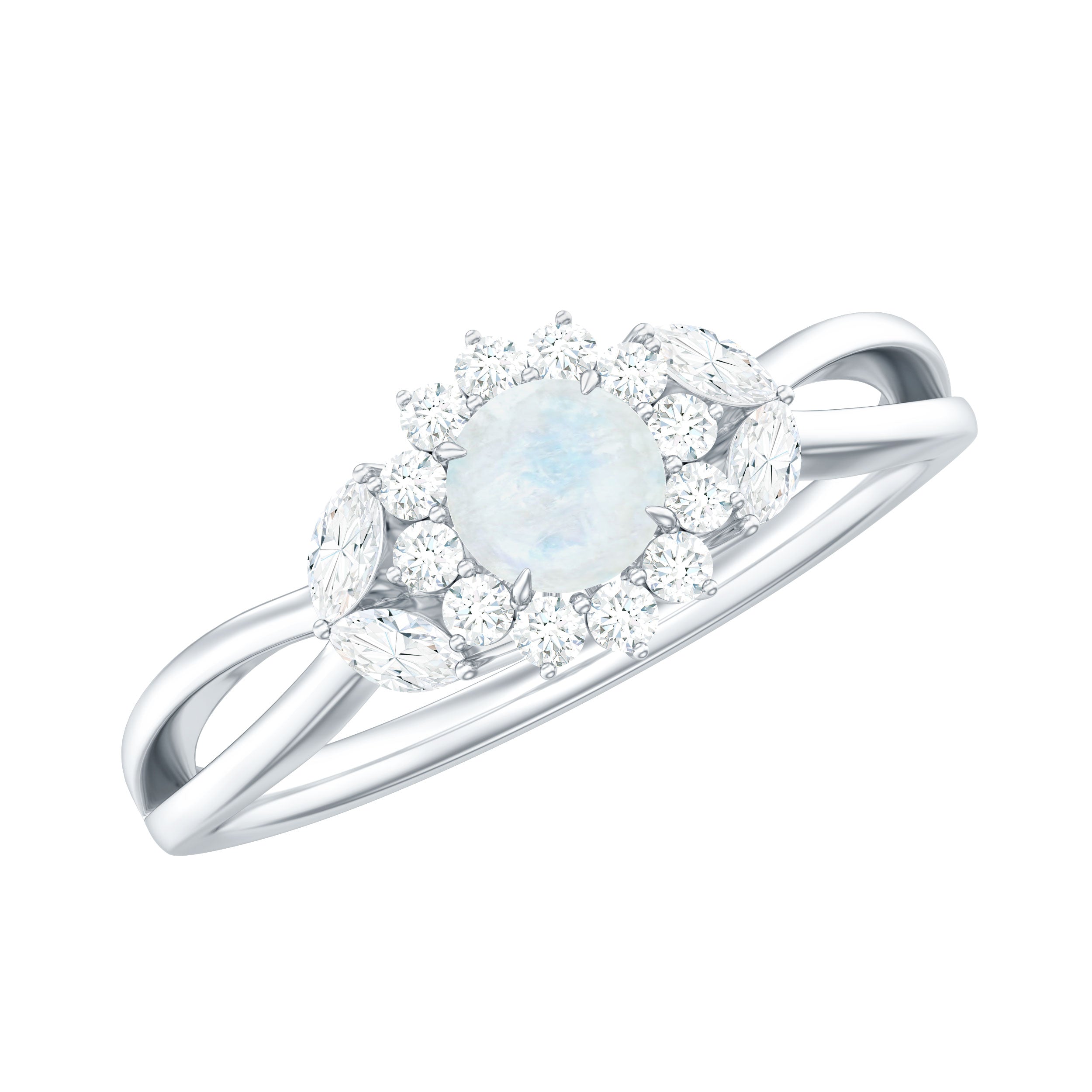 Moonstone and Diamond Flower Engagement Ring with Split Shank