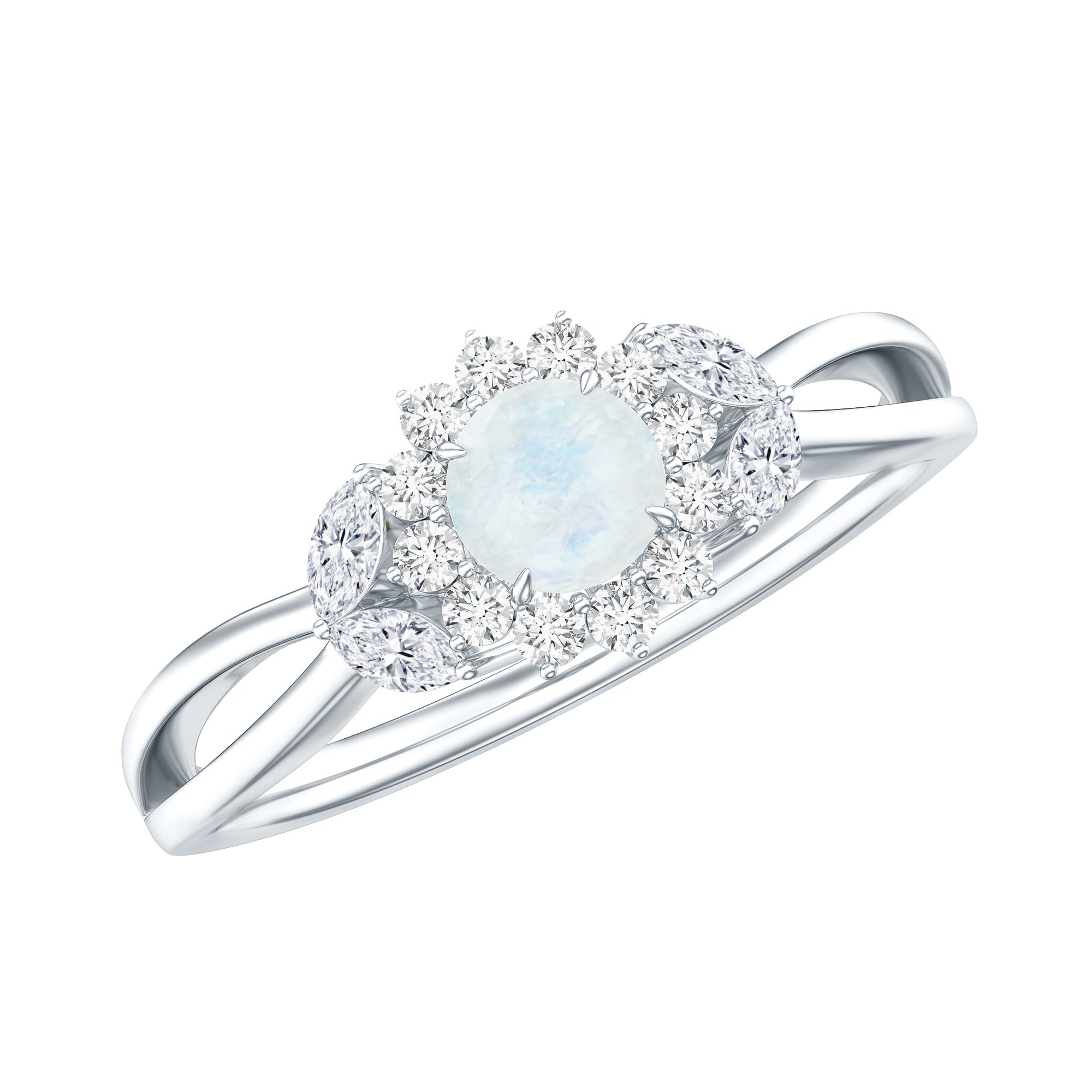 Real Moonstone and Diamond Flower Engagement Ring with Split Shank AAA - Rosec Jewels