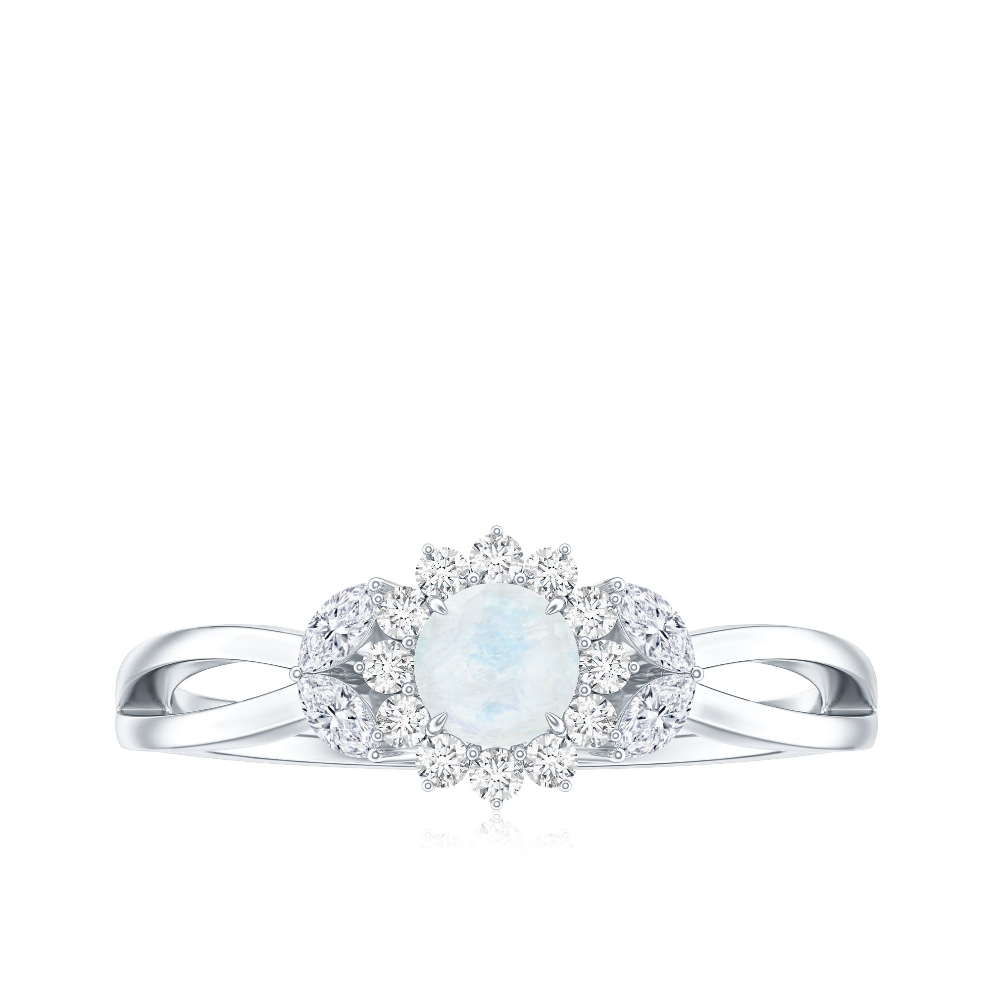 Real Moonstone and Diamond Flower Engagement Ring with Split Shank AAA - Rosec Jewels