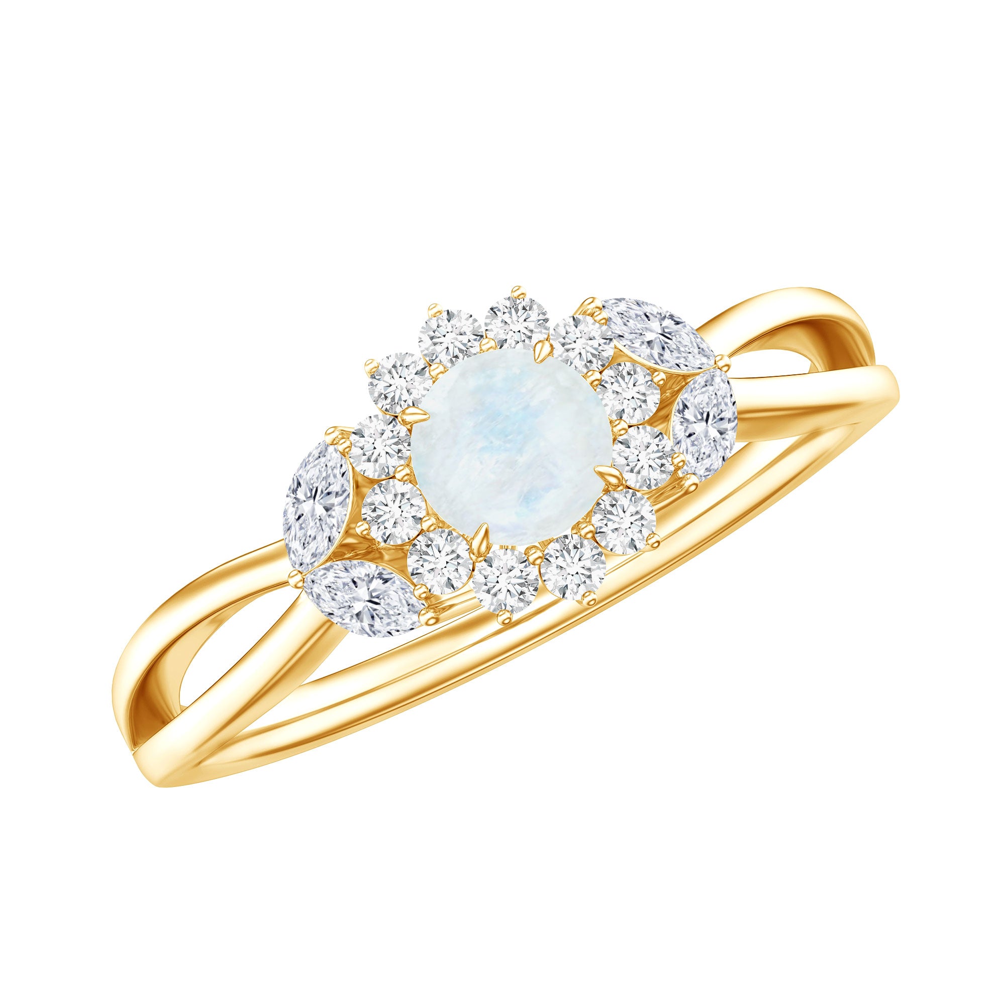 Real Moonstone and Diamond Flower Engagement Ring with Split Shank AAA - Rosec Jewels