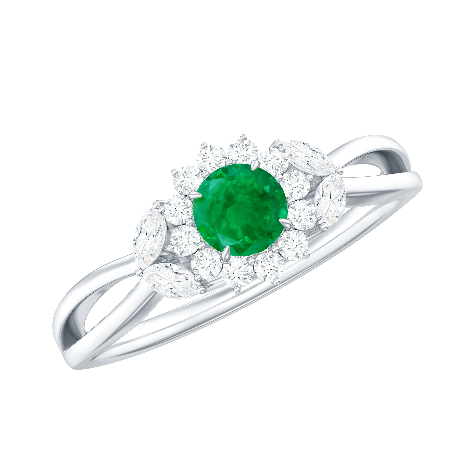 Real Emerald and Diamond Flower Engagement Ring with Split Shank