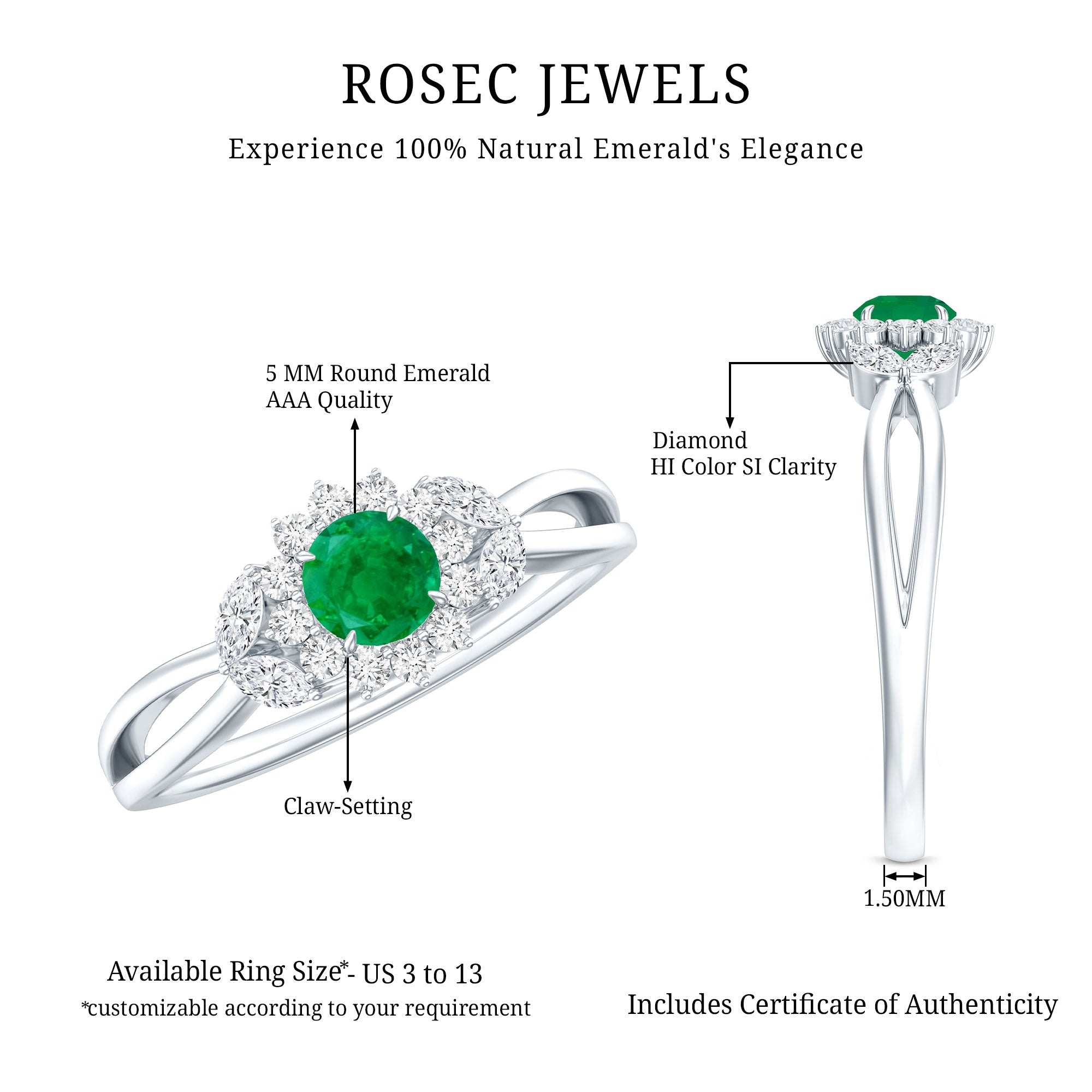 Rosec Jewels-Real Emerald and Diamond Flower Engagement Ring with Split Shank