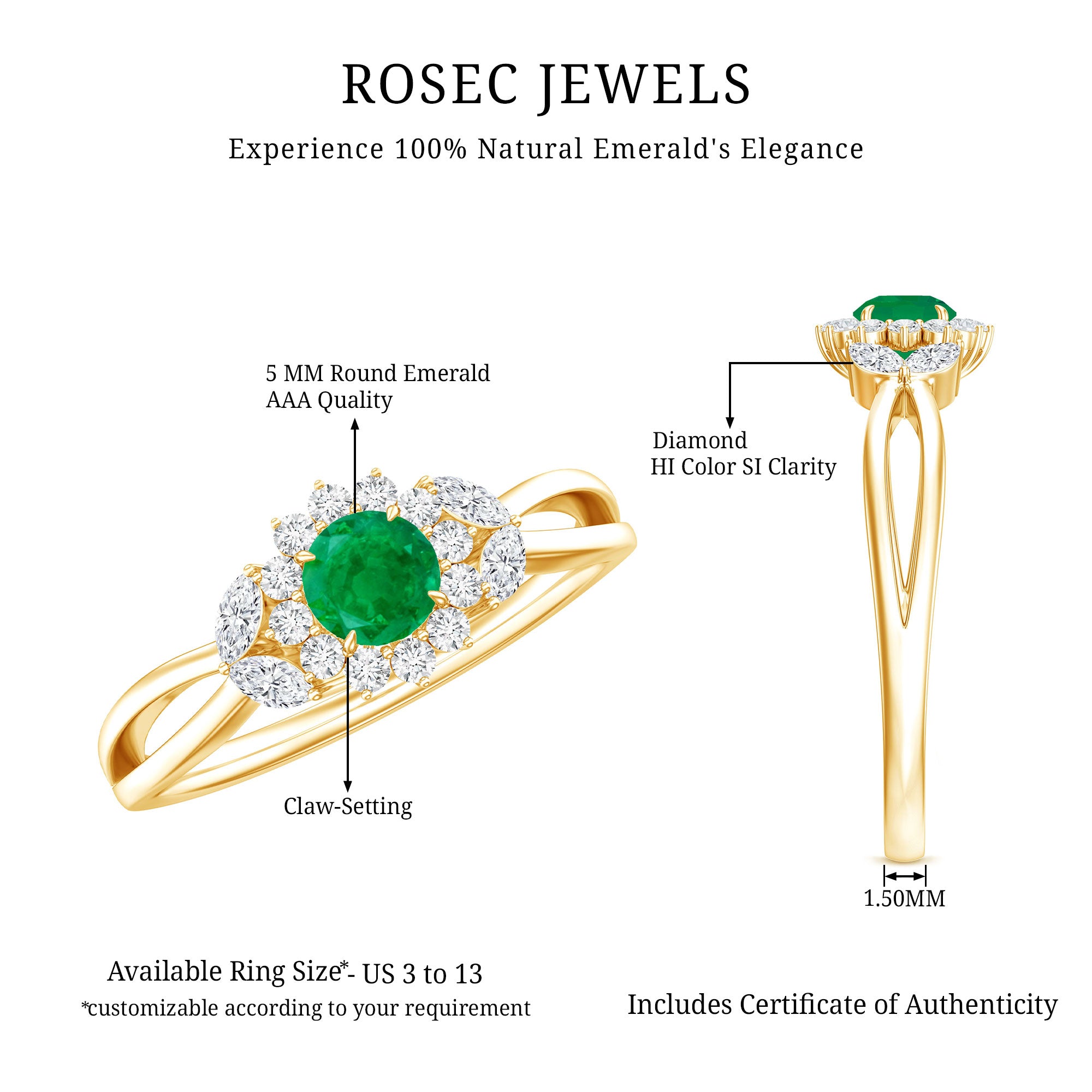 Rosec Jewels-Real Emerald and Diamond Flower Engagement Ring with Split Shank