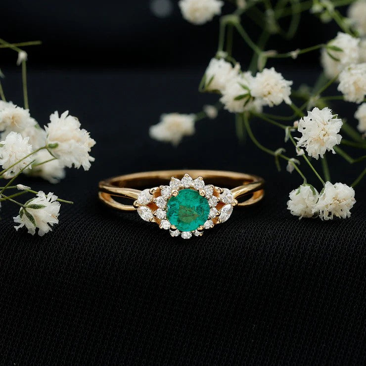Rosec Jewels-Real Emerald and Diamond Flower Engagement Ring with Split Shank
