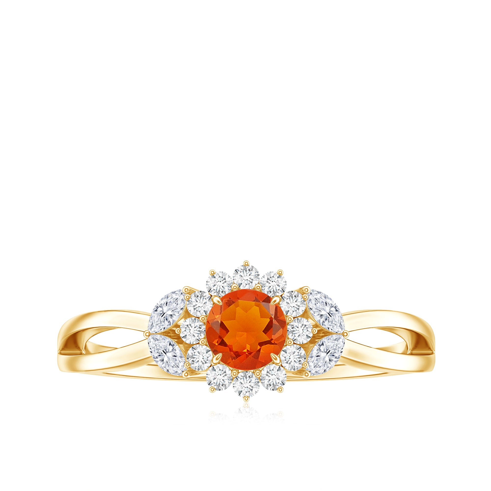 Rosec Jewels-Fire Opal and Diamond Flower Engagement Ring with Split Shank