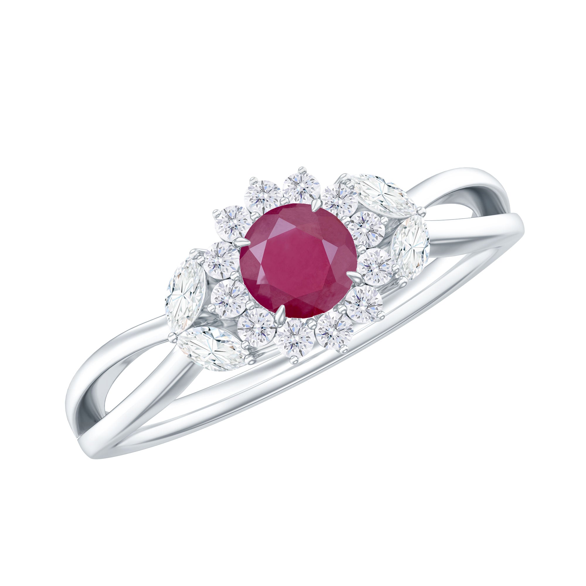 Split Shank Ruby Flower Engagement Ring with Diamond