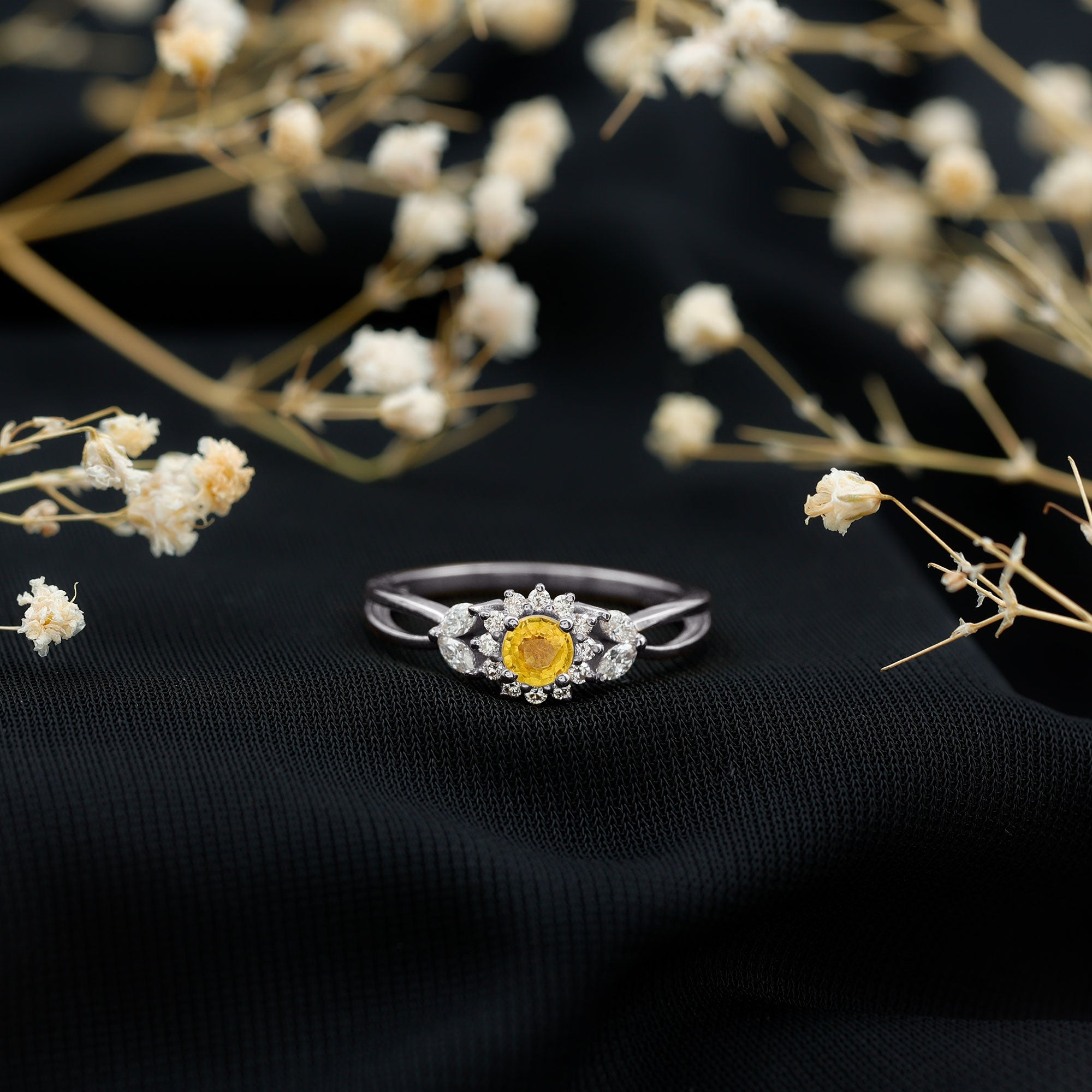 Real Yellow Sapphire Flower Engagement Ring with Diamond AAA - Rosec Jewels