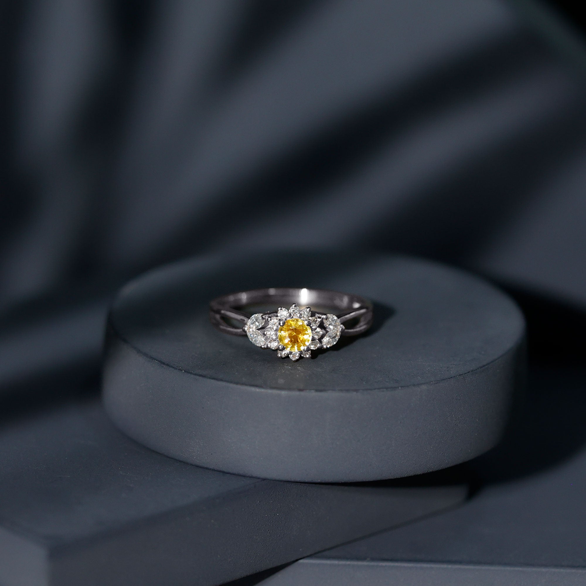 Real Yellow Sapphire Flower Engagement Ring with Diamond AAA - Rosec Jewels