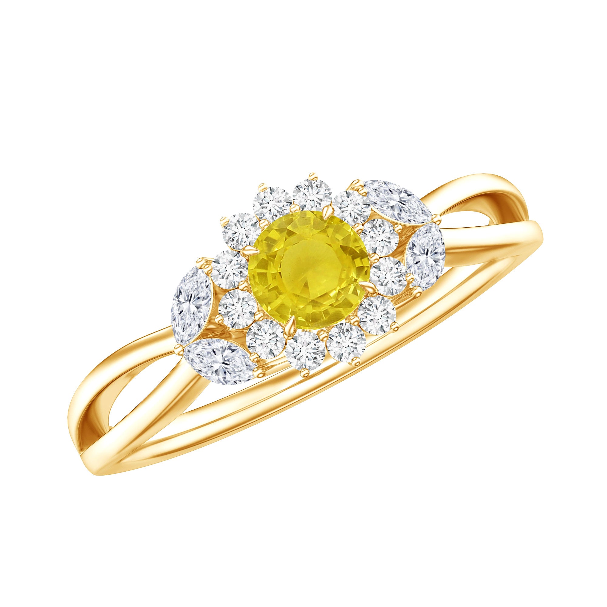 Real Yellow Sapphire Flower Engagement Ring with Diamond AAA - Rosec Jewels