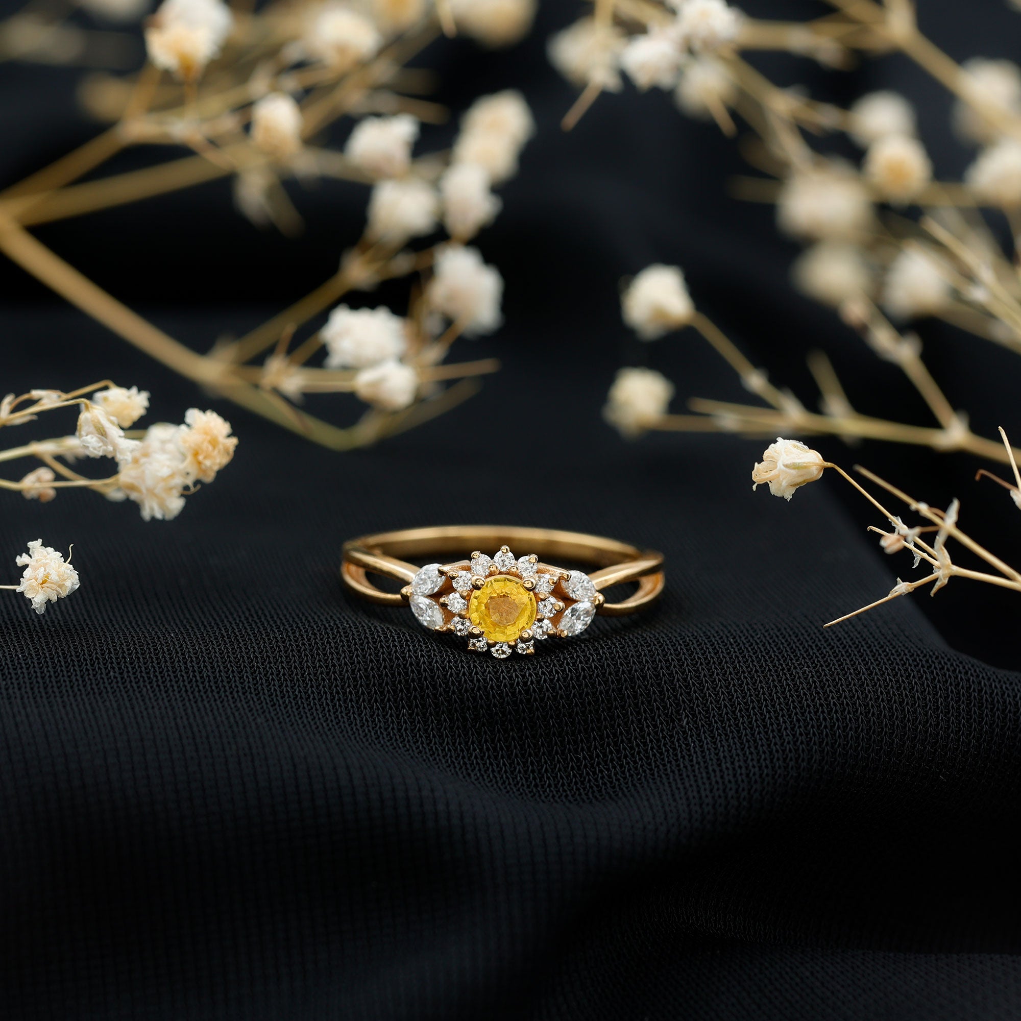 Real Yellow Sapphire Flower Engagement Ring with Diamond AAA - Rosec Jewels