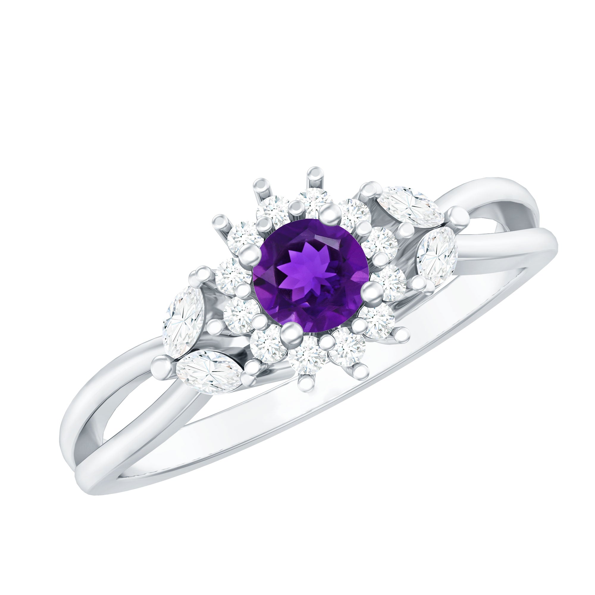 Split Shank Amethyst Flower Engagement Ring with Diamond