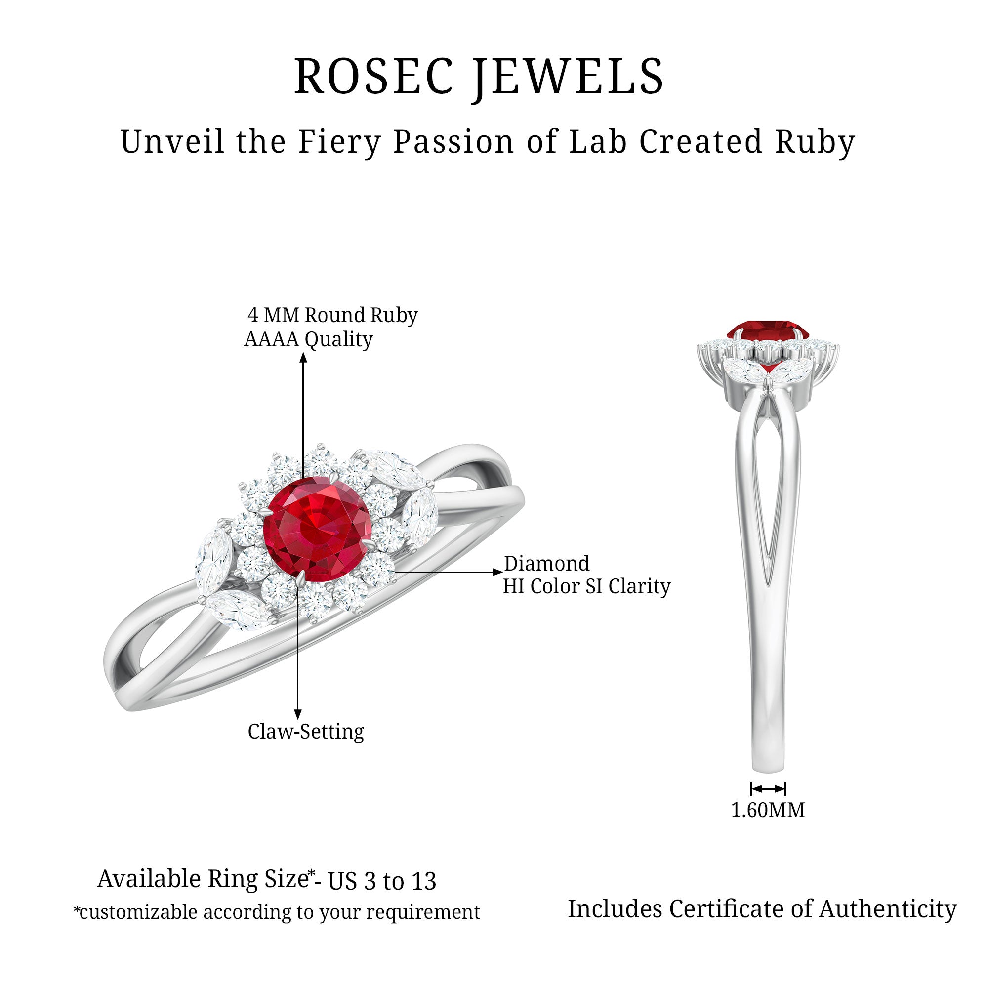 Lab Ruby and Diamond Flower Engagement Ring in Split Shank AAAA - Rosec Jewels