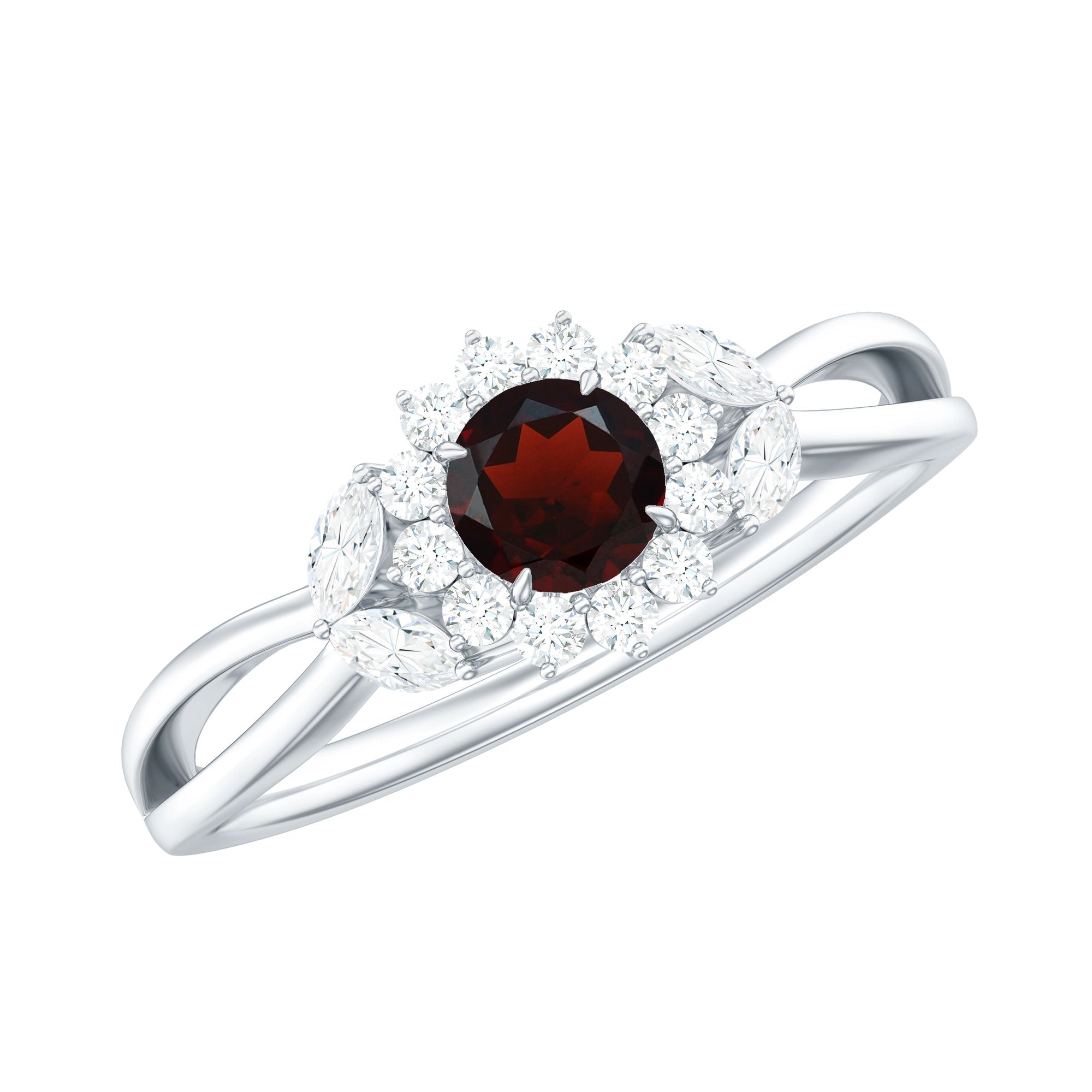 Natural Garnet Diamond Flower Engagement Ring with Split Shank AAA - Rosec Jewels