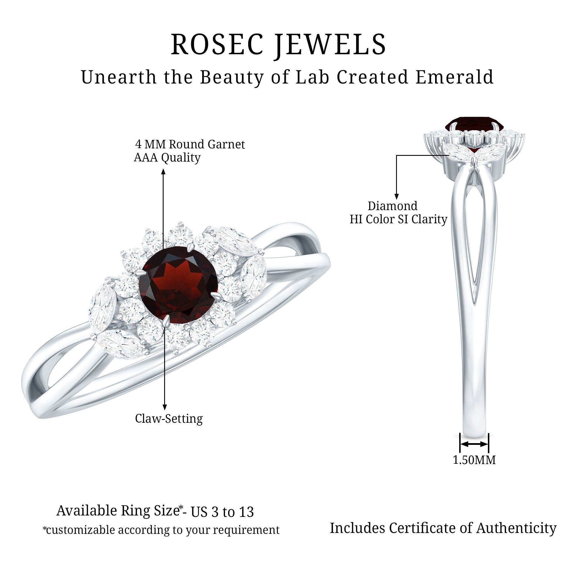 Natural Garnet Diamond Flower Engagement Ring with Split Shank AAA - Rosec Jewels