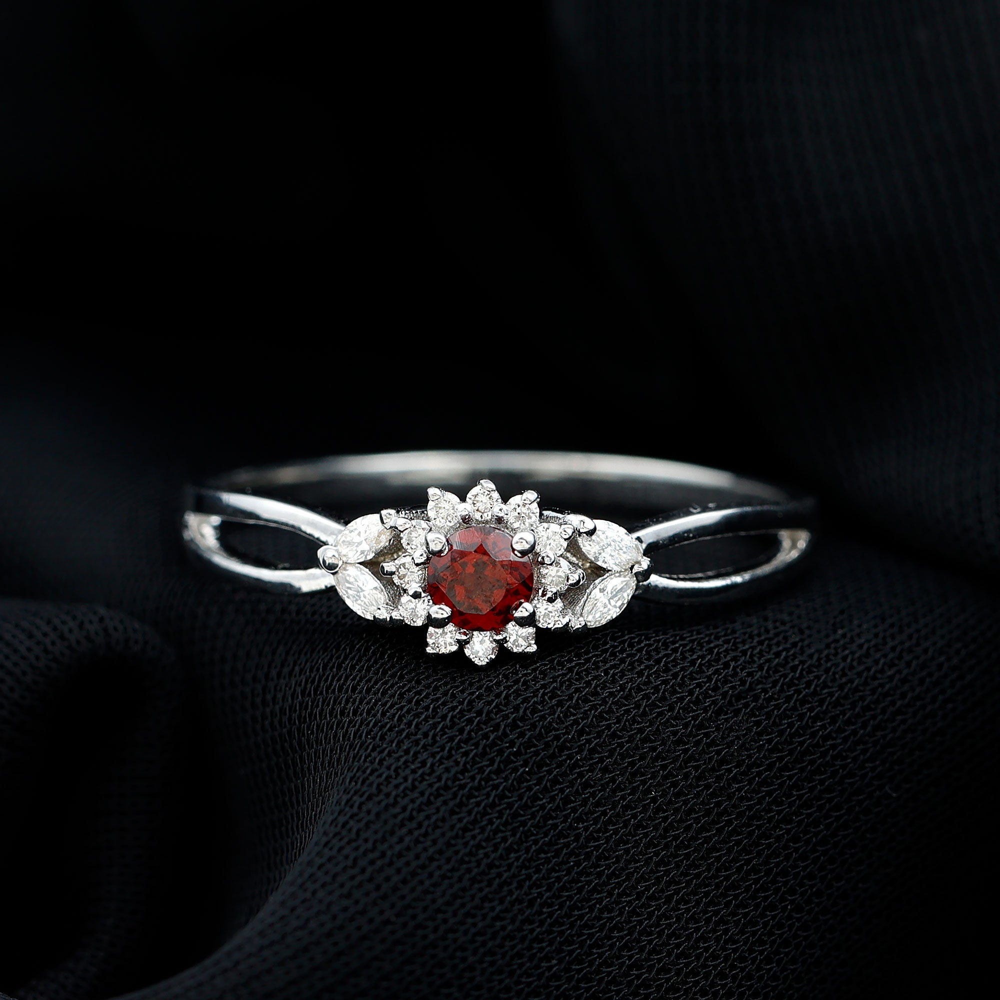 Natural Garnet Diamond Flower Engagement Ring with Split Shank AAA - Rosec Jewels