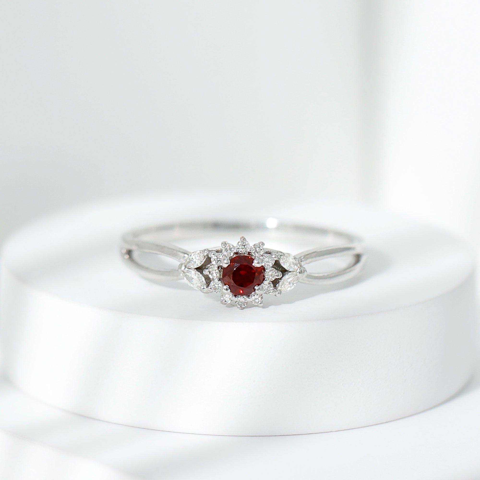 Natural Garnet Diamond Flower Engagement Ring with Split Shank AAA - Rosec Jewels