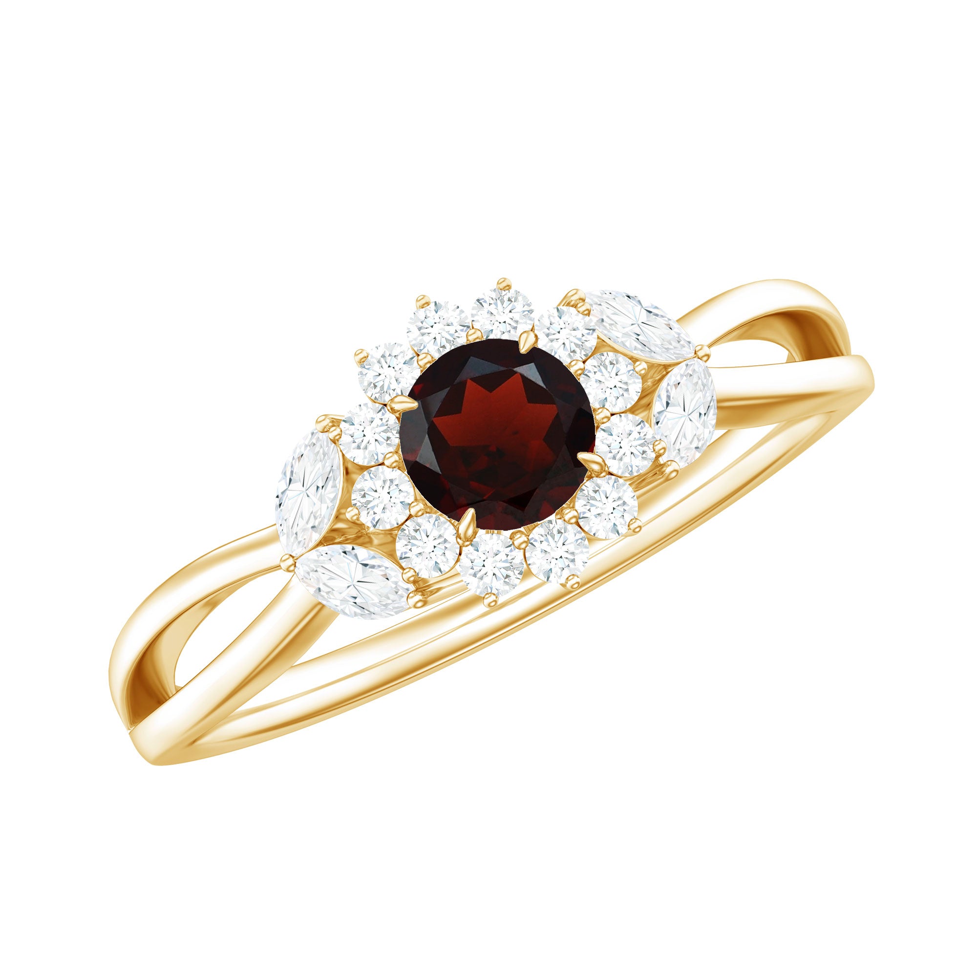 Natural Garnet Diamond Flower Engagement Ring with Split Shank AAA - Rosec Jewels