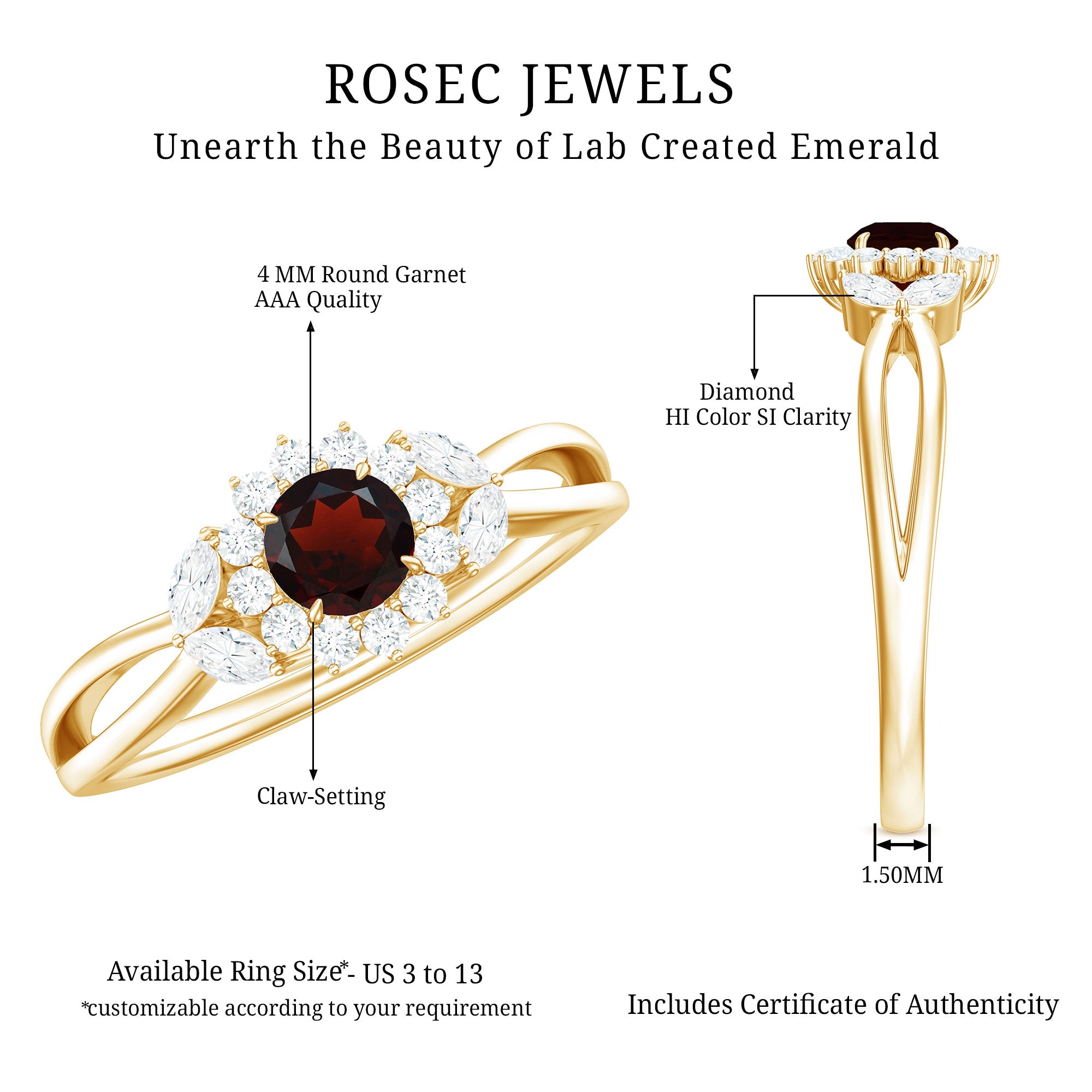 Natural Garnet Diamond Flower Engagement Ring with Split Shank AAA - Rosec Jewels