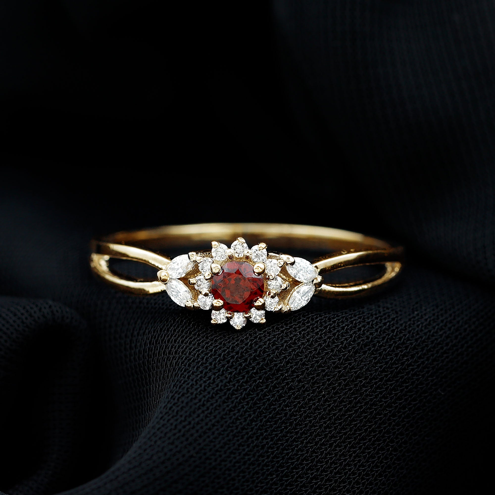 Natural Garnet Diamond Flower Engagement Ring with Split Shank AAA - Rosec Jewels
