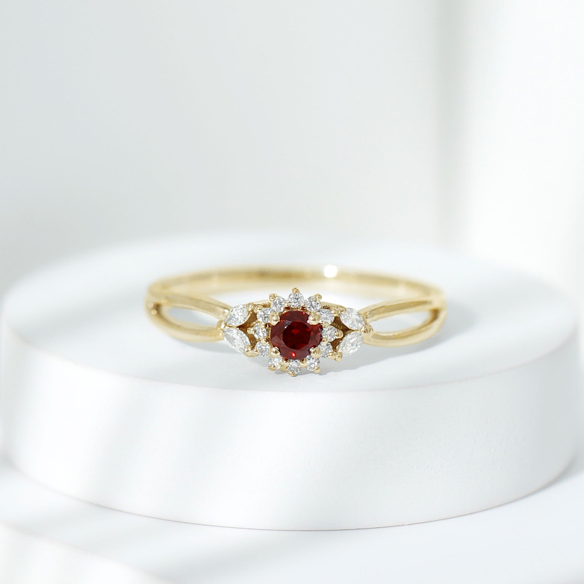 Natural Garnet Diamond Flower Engagement Ring with Split Shank AAA - Rosec Jewels