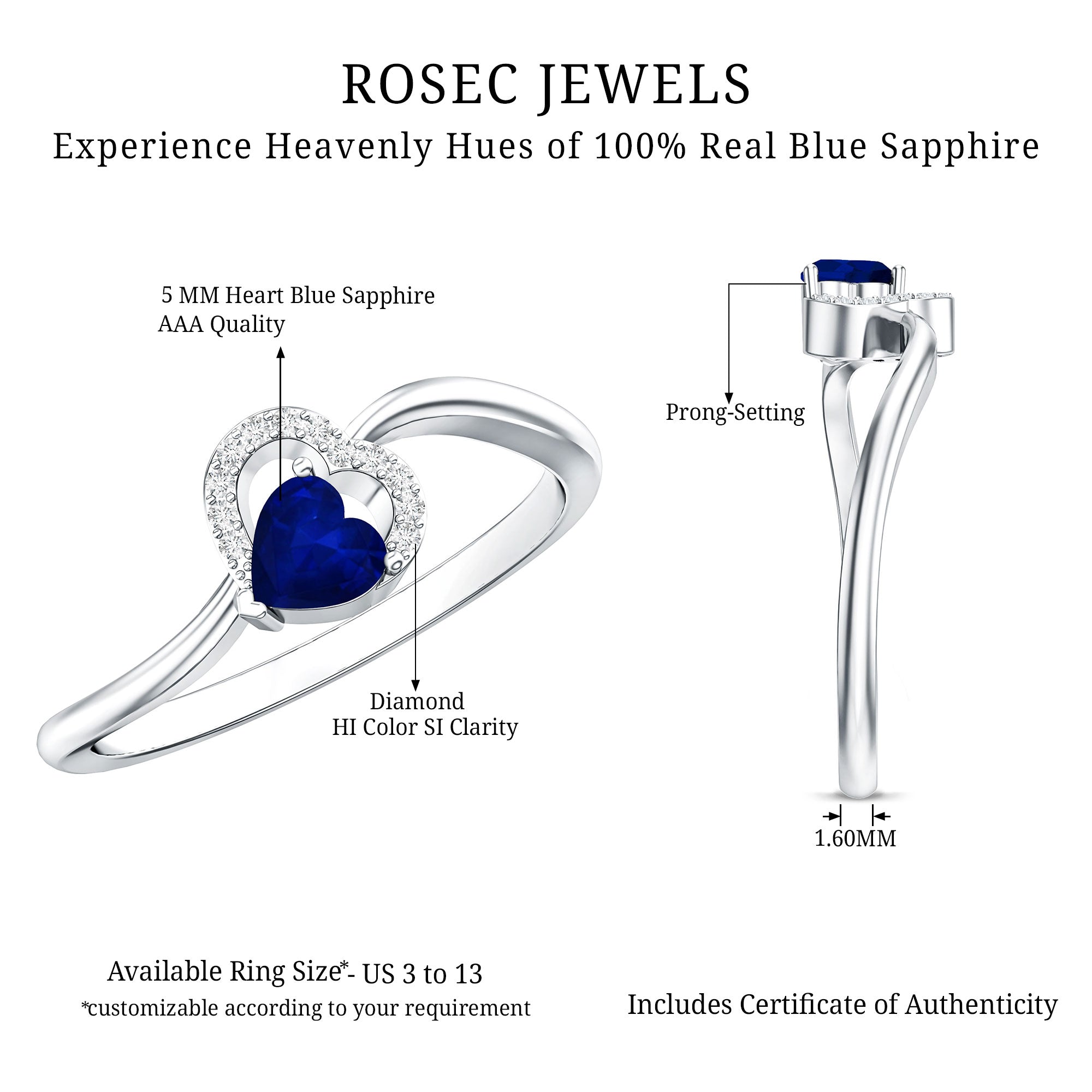 Real Heart Shape Blue Sapphire Diamond Promise Ring for Women AAA - Rosec Jewels