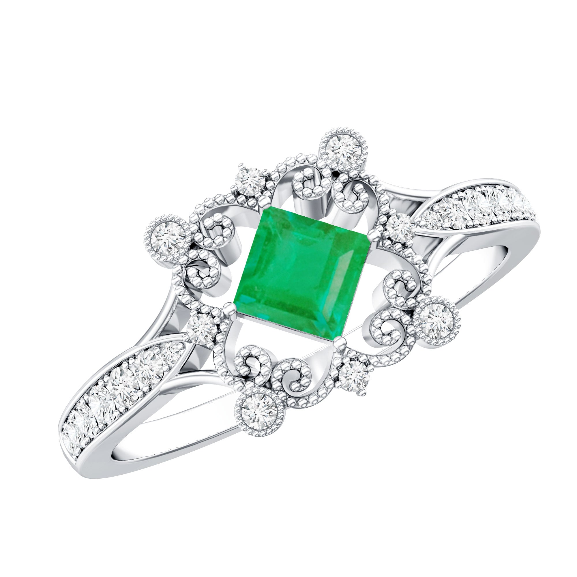 Antique Looking Emerald and Diamond Engagement Ring for Women AAA - Rosec Jewels