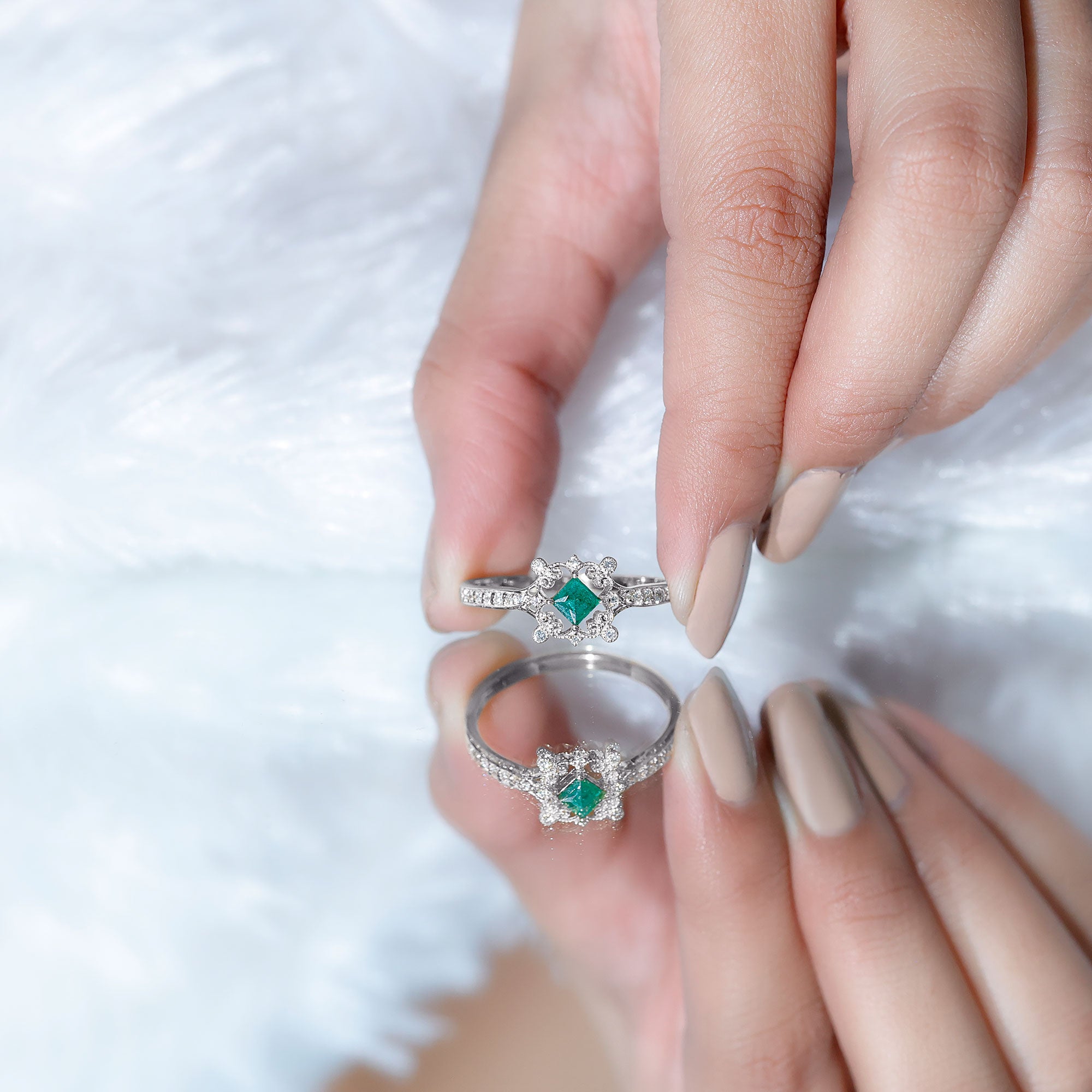Antique Looking Emerald and Diamond Engagement Ring for Women AAA - Rosec Jewels