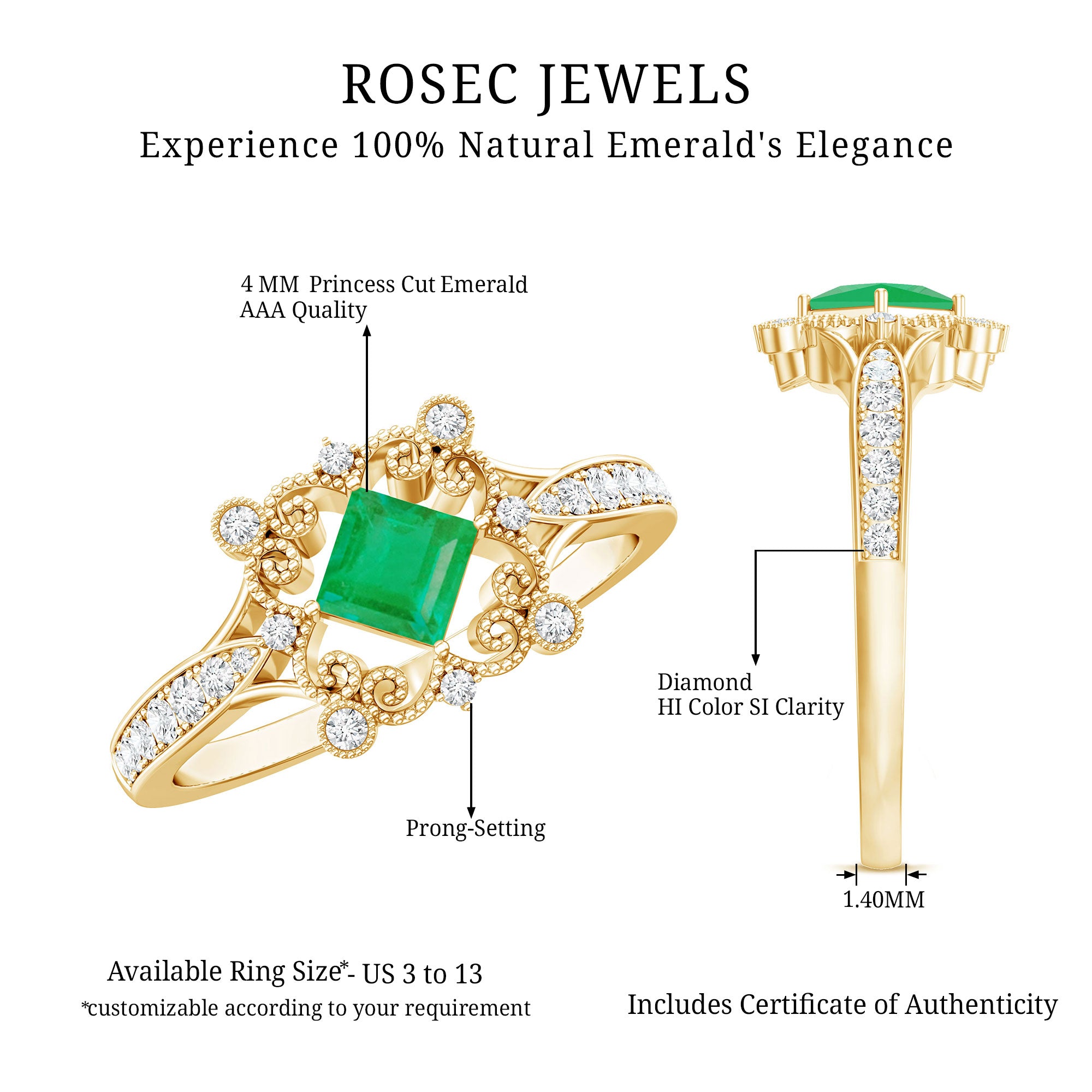 Antique Looking Emerald and Diamond Engagement Ring for Women AAA - Rosec Jewels