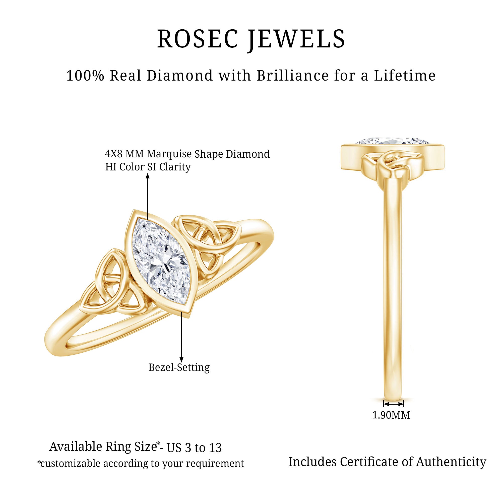 Natural Bezel Set Marquise Diamond Engagement Ring with Celtic Knot Natural - ( HI-SI ) - Rosec Jewels
