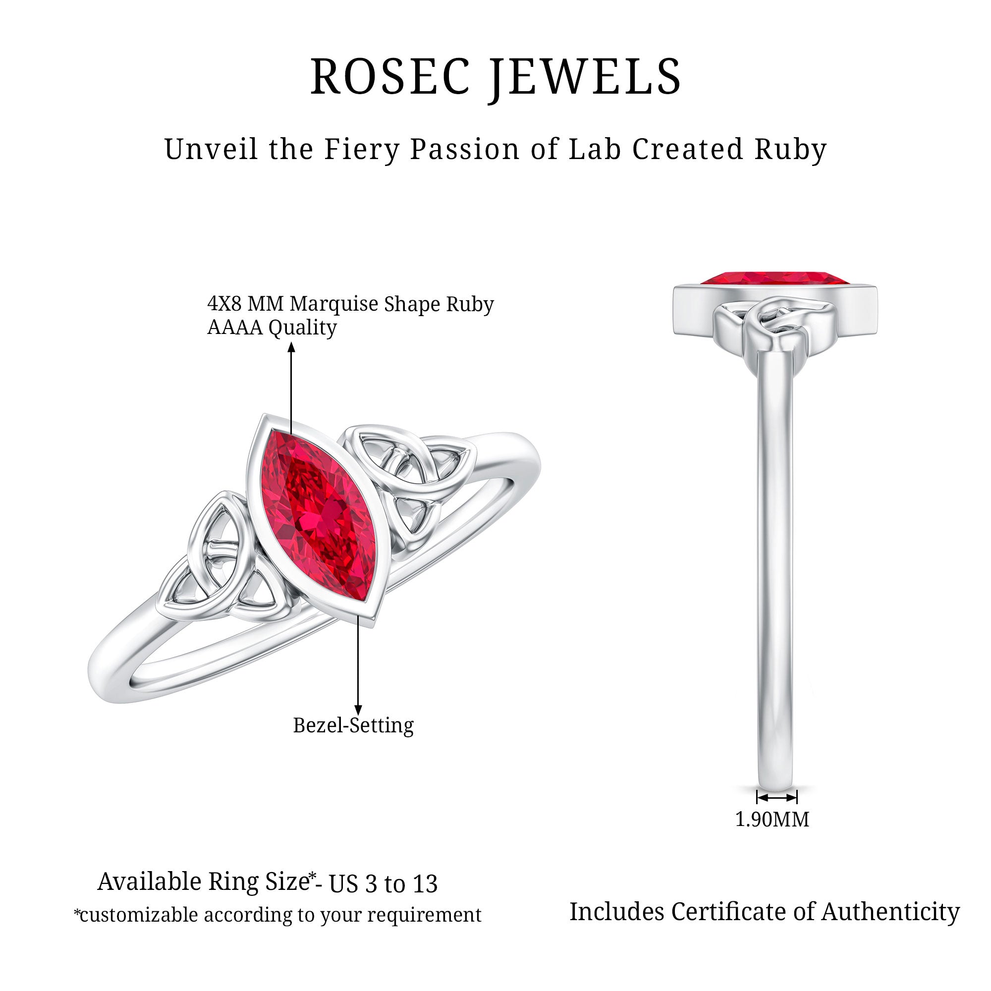 Marquise Cut Solitaire Lab Created Ruby Celtic Engagement Ring AAAA - Rosec Jewels