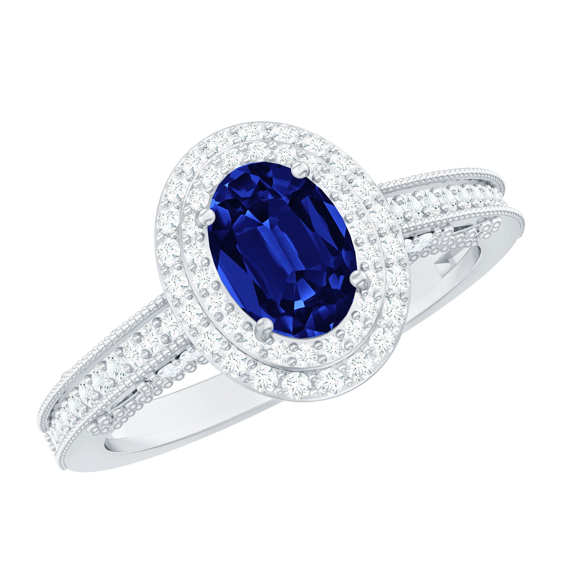 Oval Created Blue Sapphire Double Halo Engagement Ring with Diamond