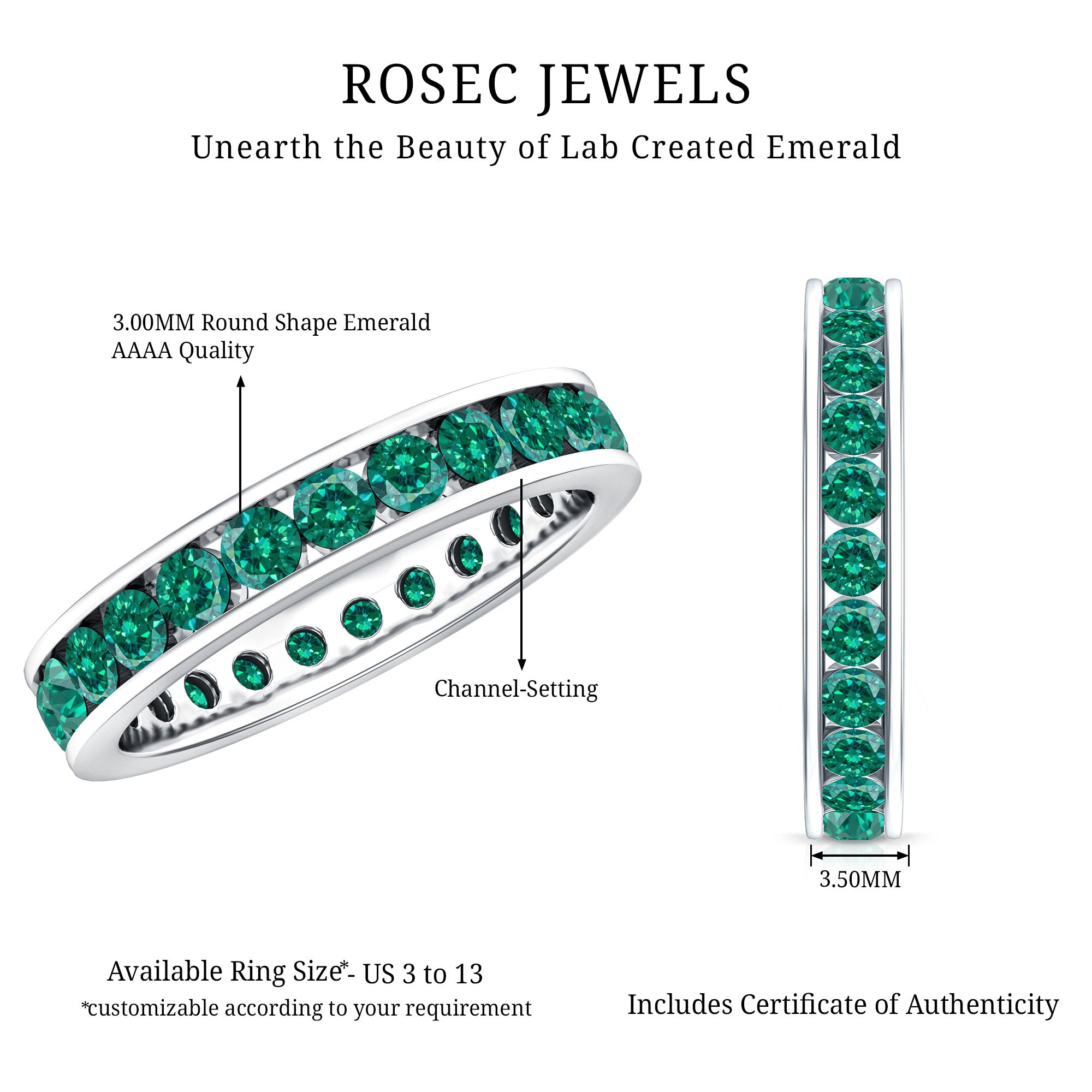 Certified Lab Grown Emerald Wedding Anniversary Ring in Channel Setting AAAA - Rosec Jewels