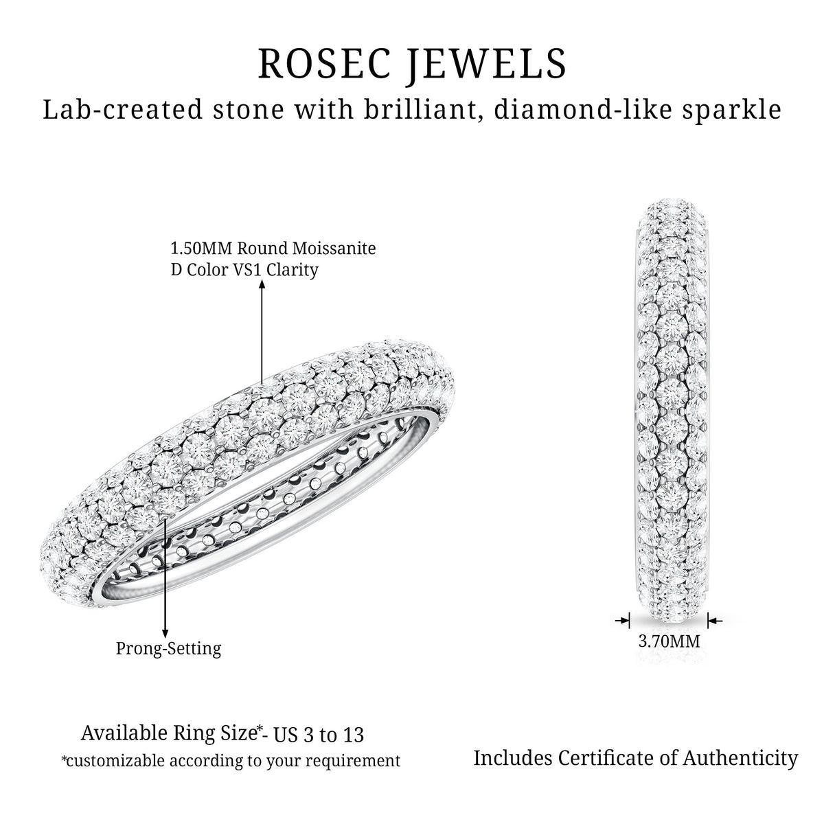 Pave Set Certified Moissanite Three Row Eternity Band D-VS1 - Rosec Jewels