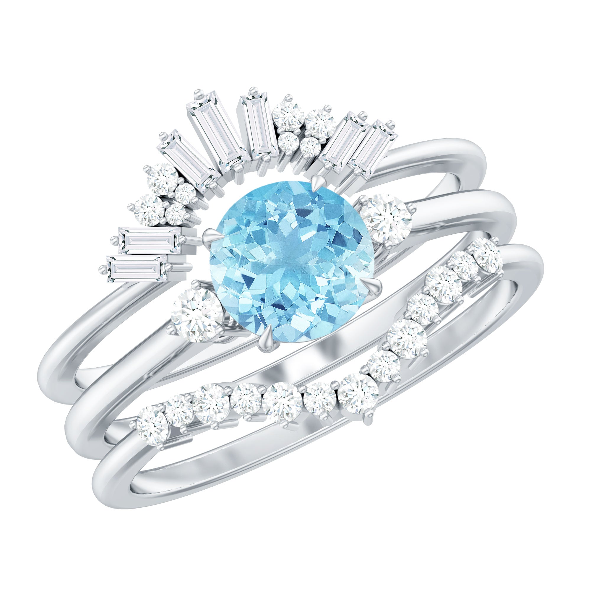 Real Aquamarine Designer Trio Wedding Ring Set with Diamond