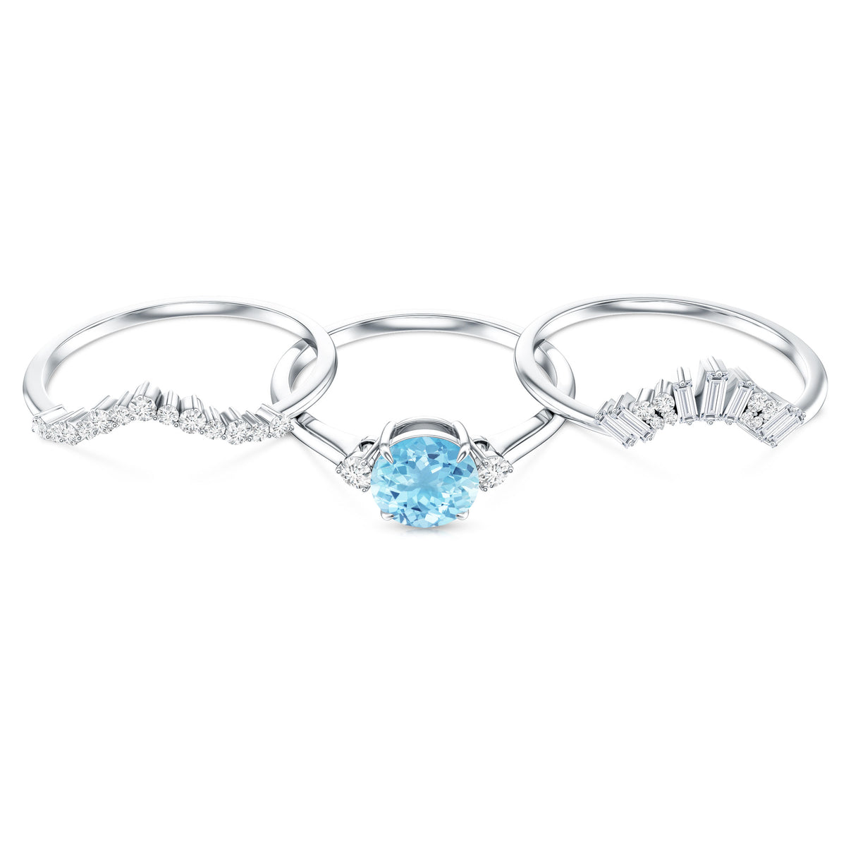 Real Aquamarine Designer Trio Wedding Ring Set with Diamond AAA - Rosec Jewels