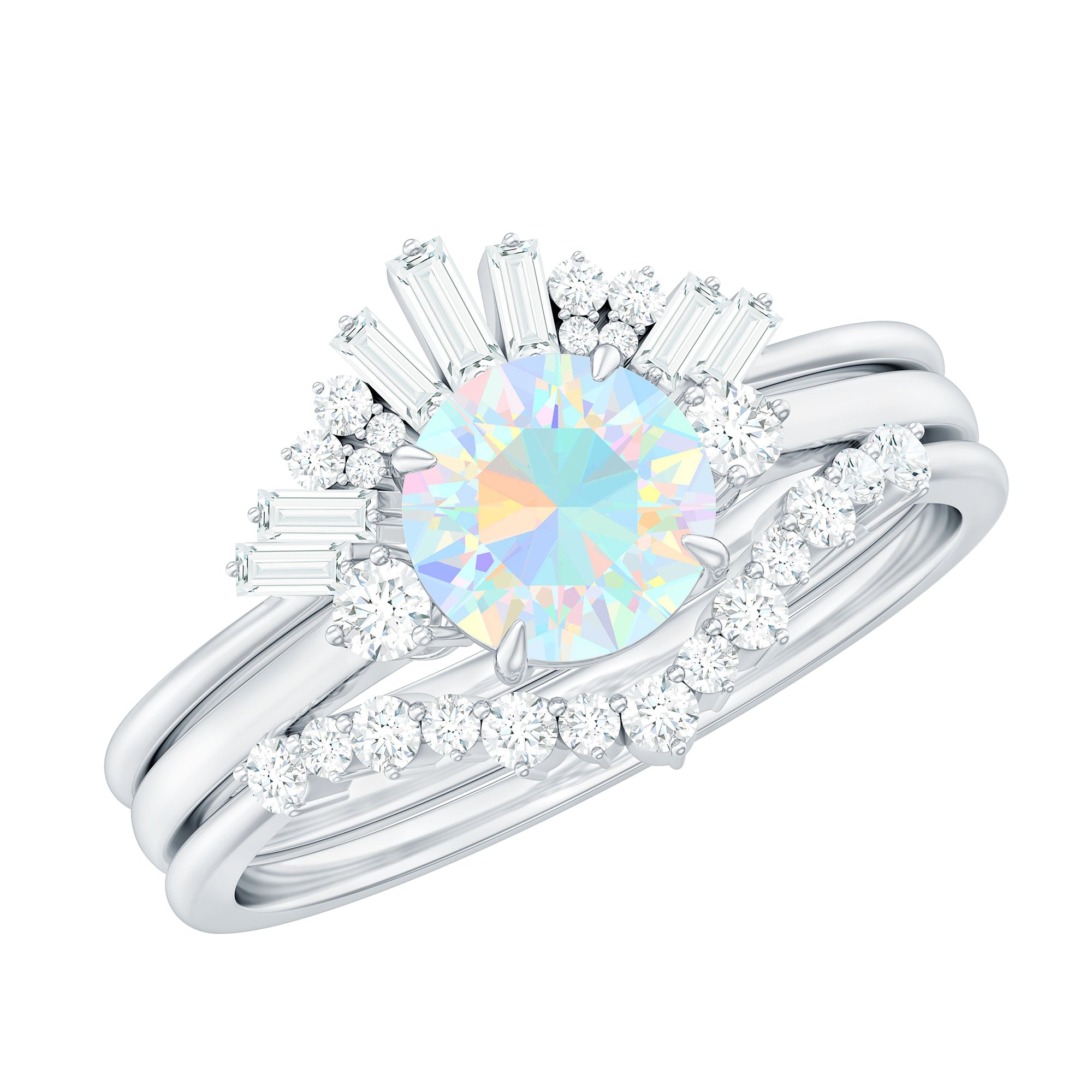 Natural Ethiopian Rainbow Opal Diamond Wedding Bridal Ring Set of 3