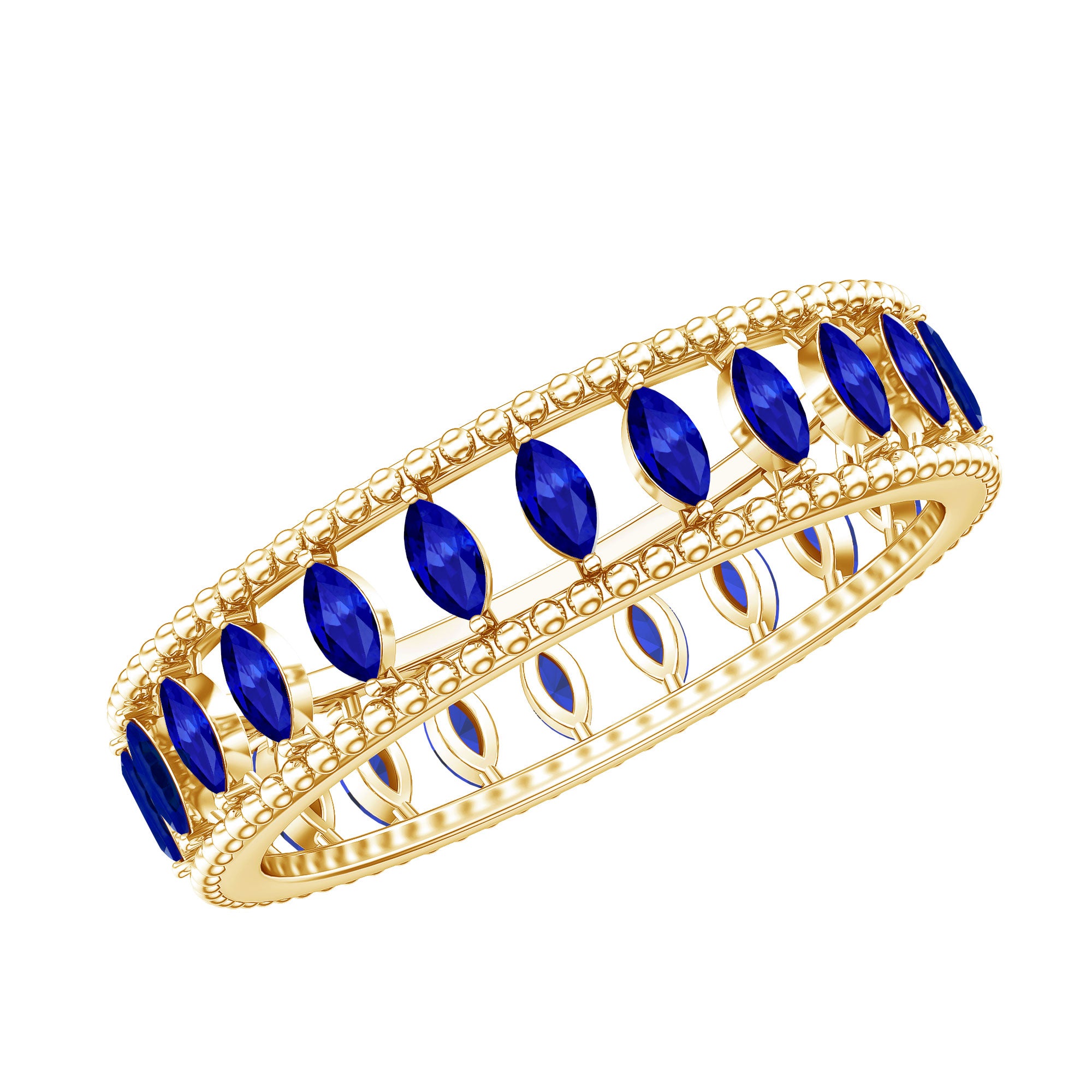 Marquise Cut Created Blue Sapphire Eternity Band with Beaded Detailing AAAA - Rosec Jewels