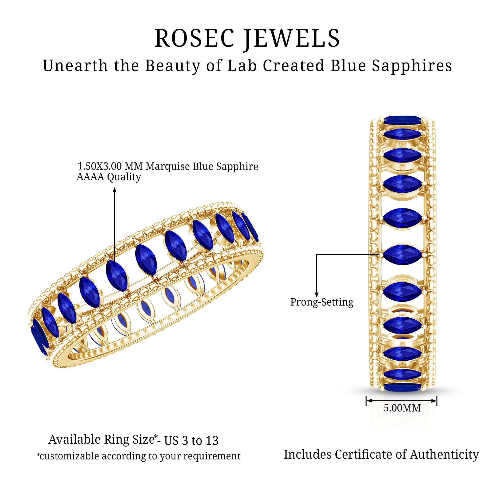 Marquise Cut Created Blue Sapphire Eternity Band with Beaded Detailing AAAA - Rosec Jewels