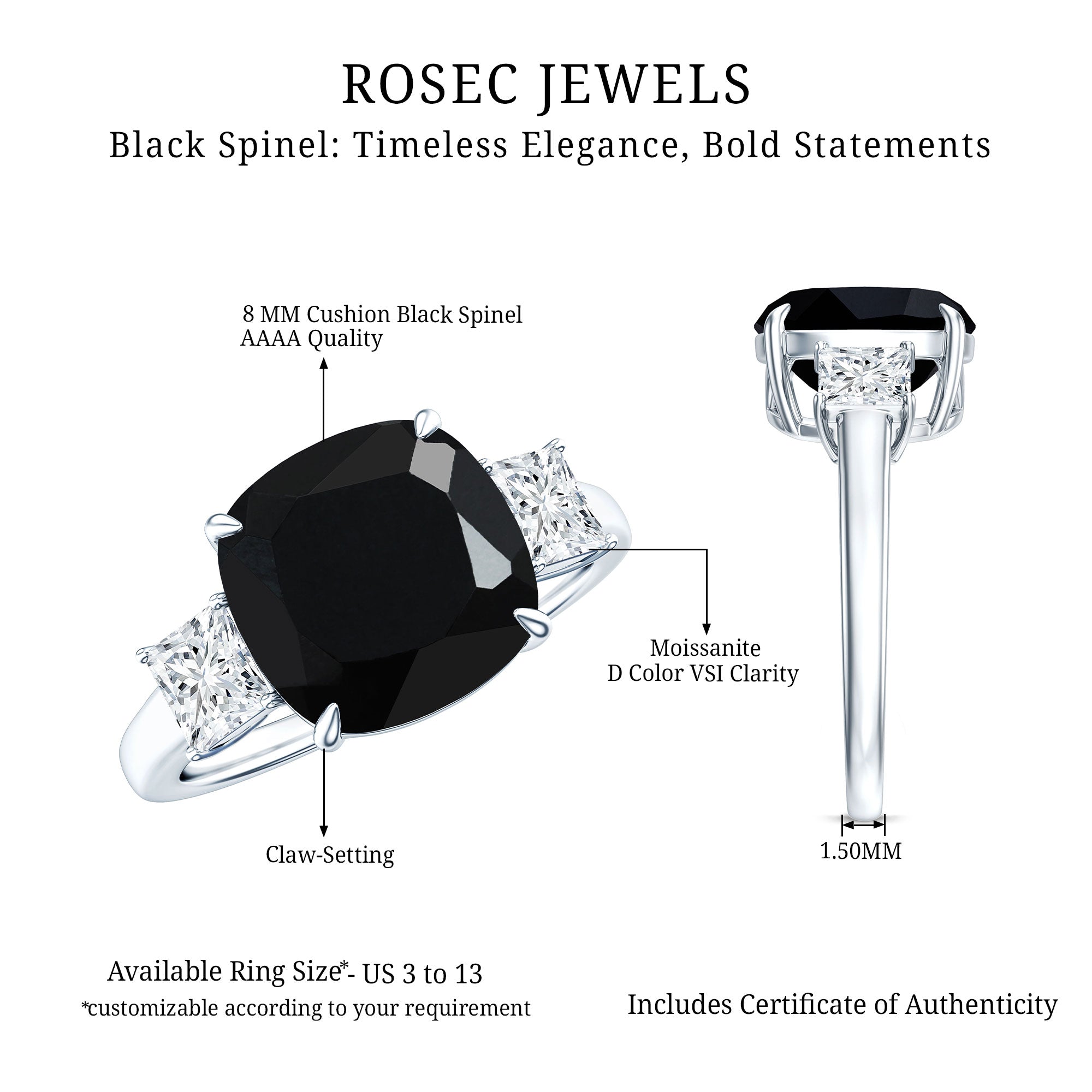 Cushion Cut Black Spinel Solitaire Engagement Ring with Moissanite AAA - Rosec Jewels