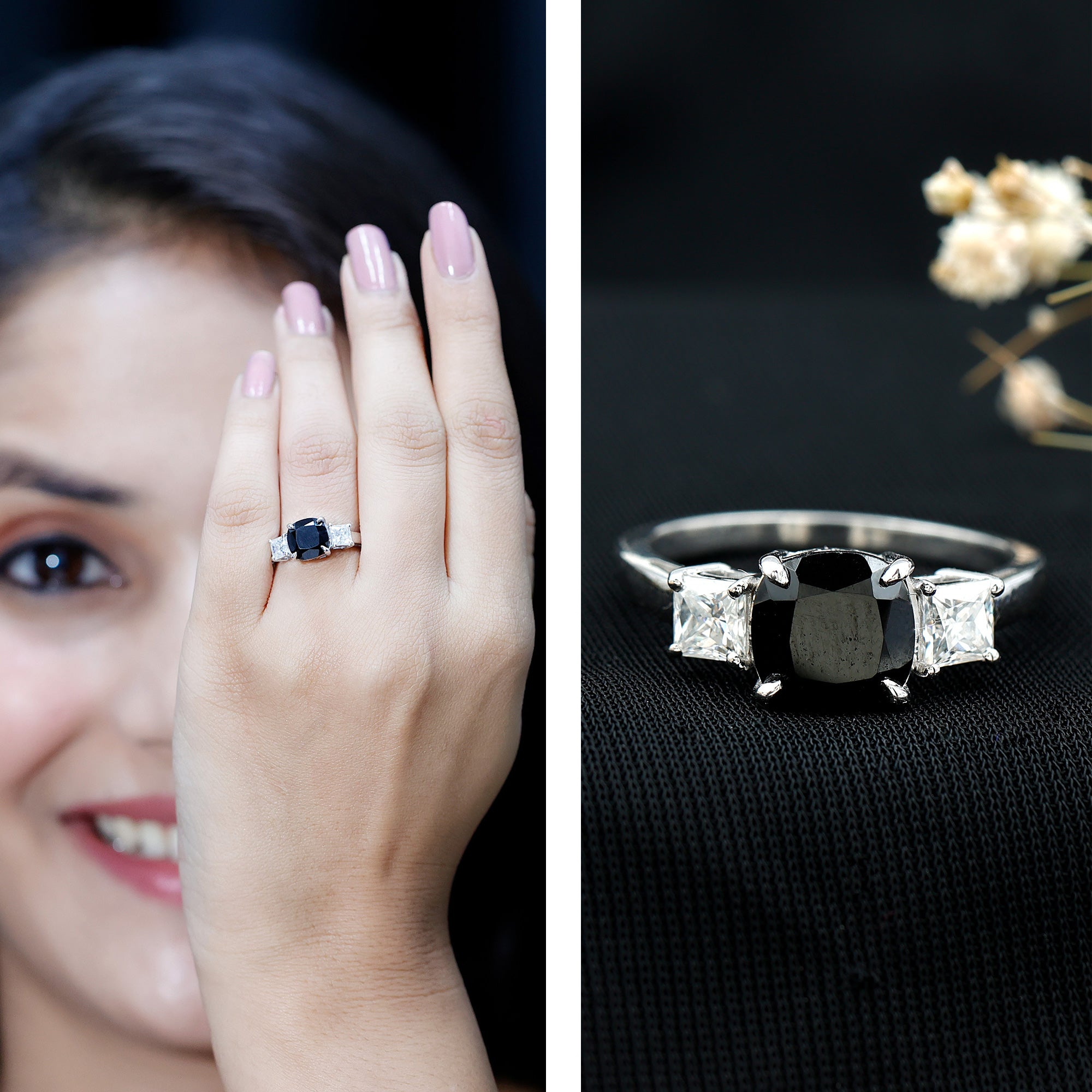 Cushion Cut Black Spinel Solitaire Engagement Ring with Moissanite AAA - Rosec Jewels